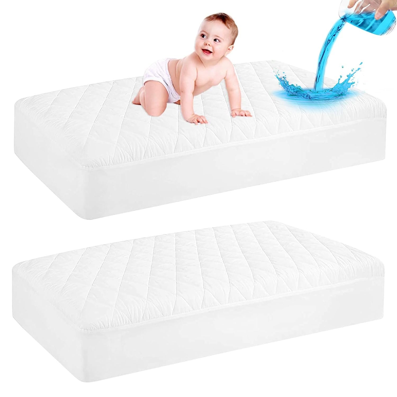 GRT 2 Pack Waterproof Crib Mattress Protector, Quilted Baby Mattress Cover Fitted Deep Pocket from 4″ up to 9″, Extra Soft Breathable & Noiseless Toddler Mattress Pad 52″x28″, White