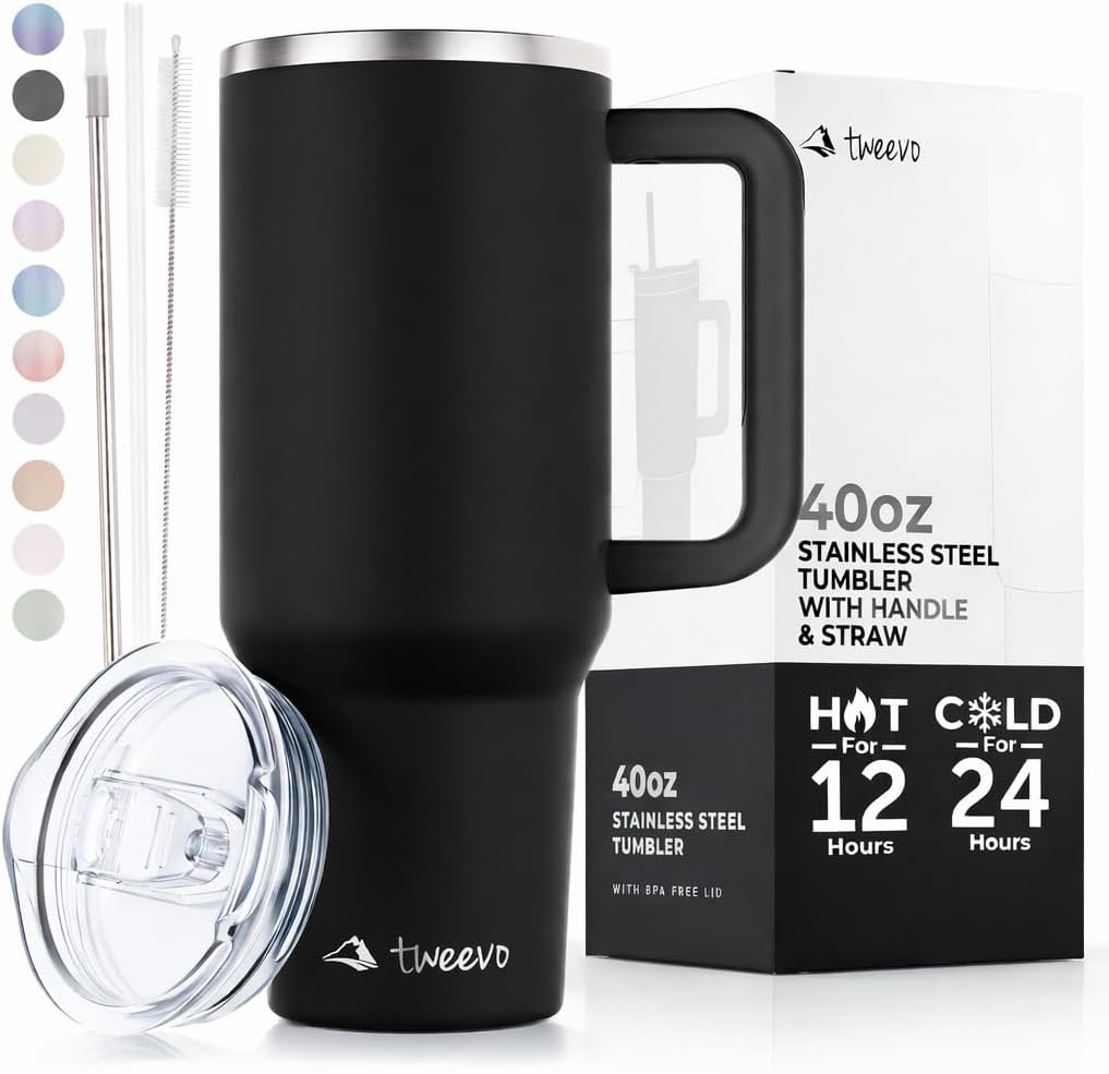 tweevo 40 oz Tumbler With Handle and Straw Made of Stainless Steel – Double Wall Vacuum Insulated Tumbler With Lid – Sweat Proof Easy Grip, BPA-Free, Dishwasher Safe Tumbler (Black)