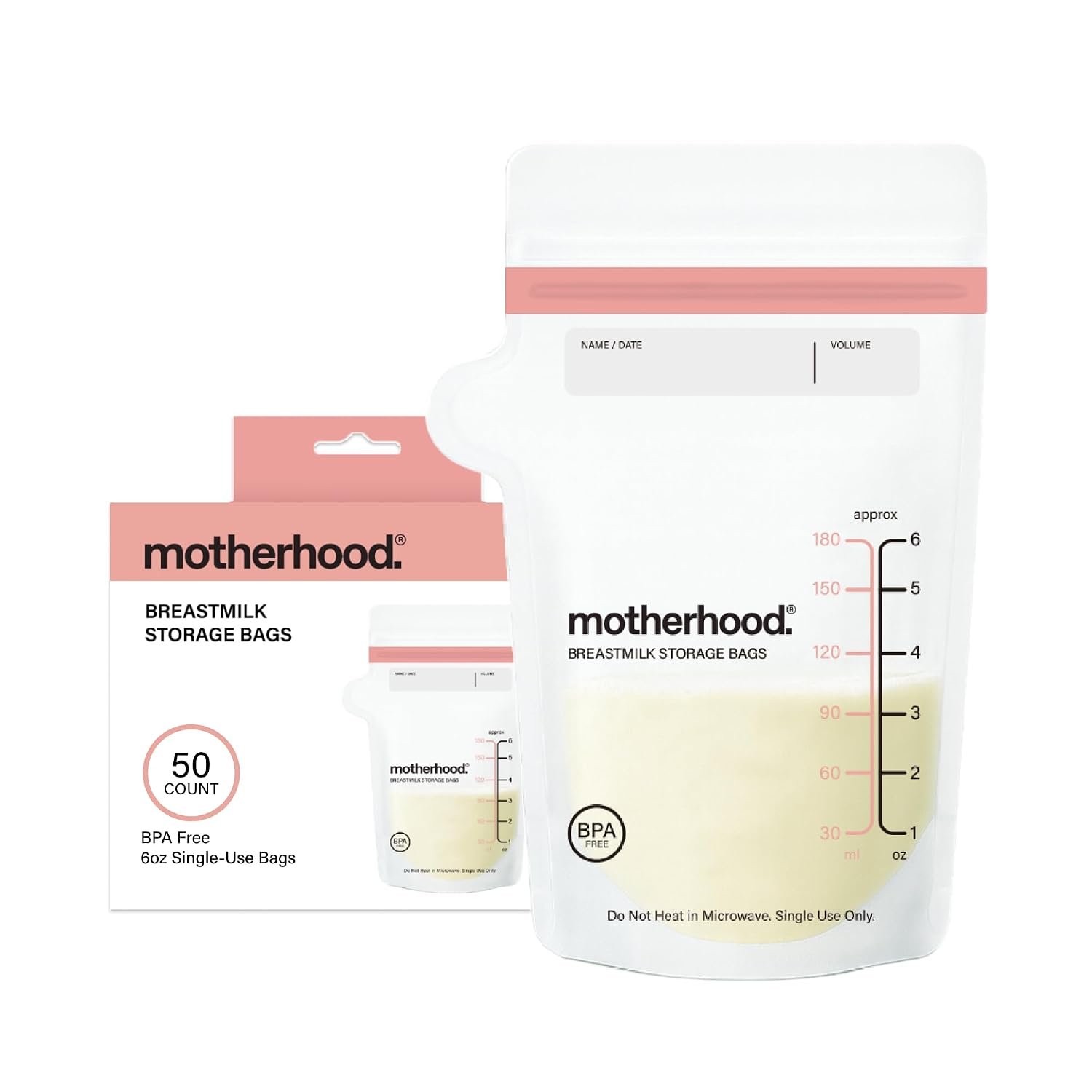 Motherhood Maternity Breastmilk Storage Bags, 6 oz, 50 Count – Leak Proof Breast Milk Freezer Storage Bags, Pre-Sterilized & BPA Free, Self-Standing & Flat Lay