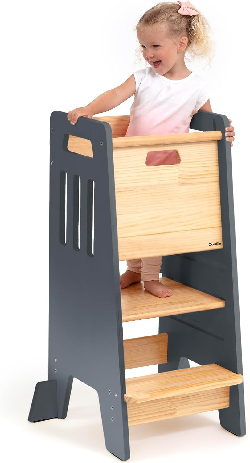 Toddler Tower with Sliding Door – 3 Adjustable Heights – 2026 Design Gray