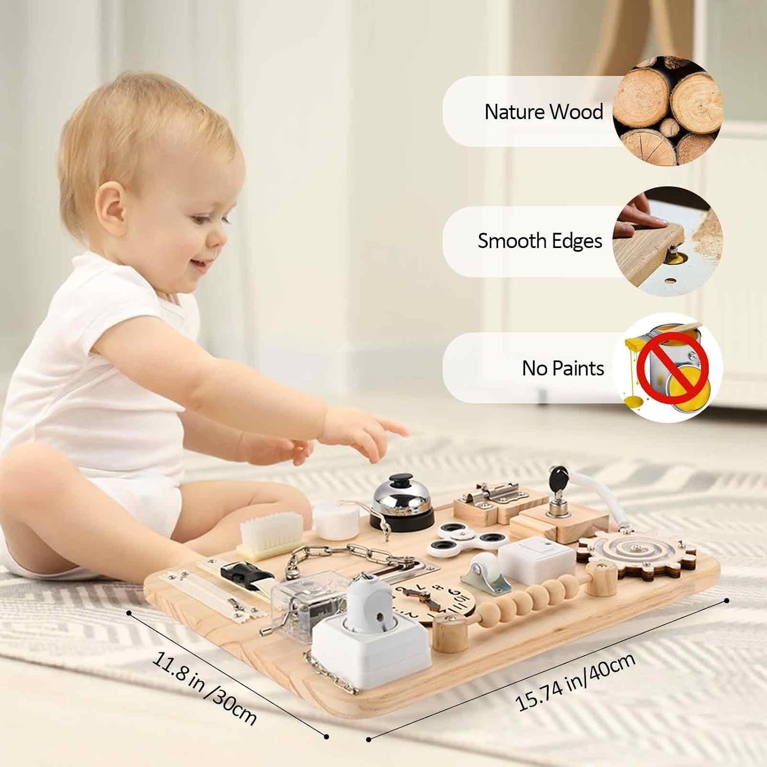 Wooden Busy Board for Toddlers – Montessori Sensory Activity Board for Fine Motor Skills and Early Learning – Travel Toys for Kids – Sensory Toys for autism or ADHD – Ideal for Educational Gifts