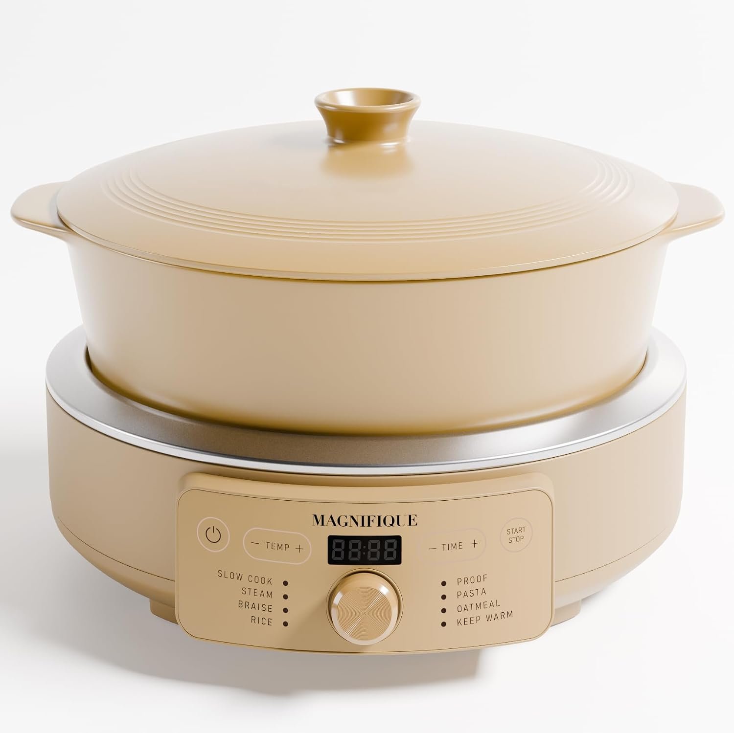 4.5 Quart Slow Cooker, 8-in-1 Casserole Programmable Round Multi-Cooker, Non-Toxic Clay pot Slow Cooker for Rice, Pasta, Steam & Proof, Oven Safe Pot to 500°F, Brown