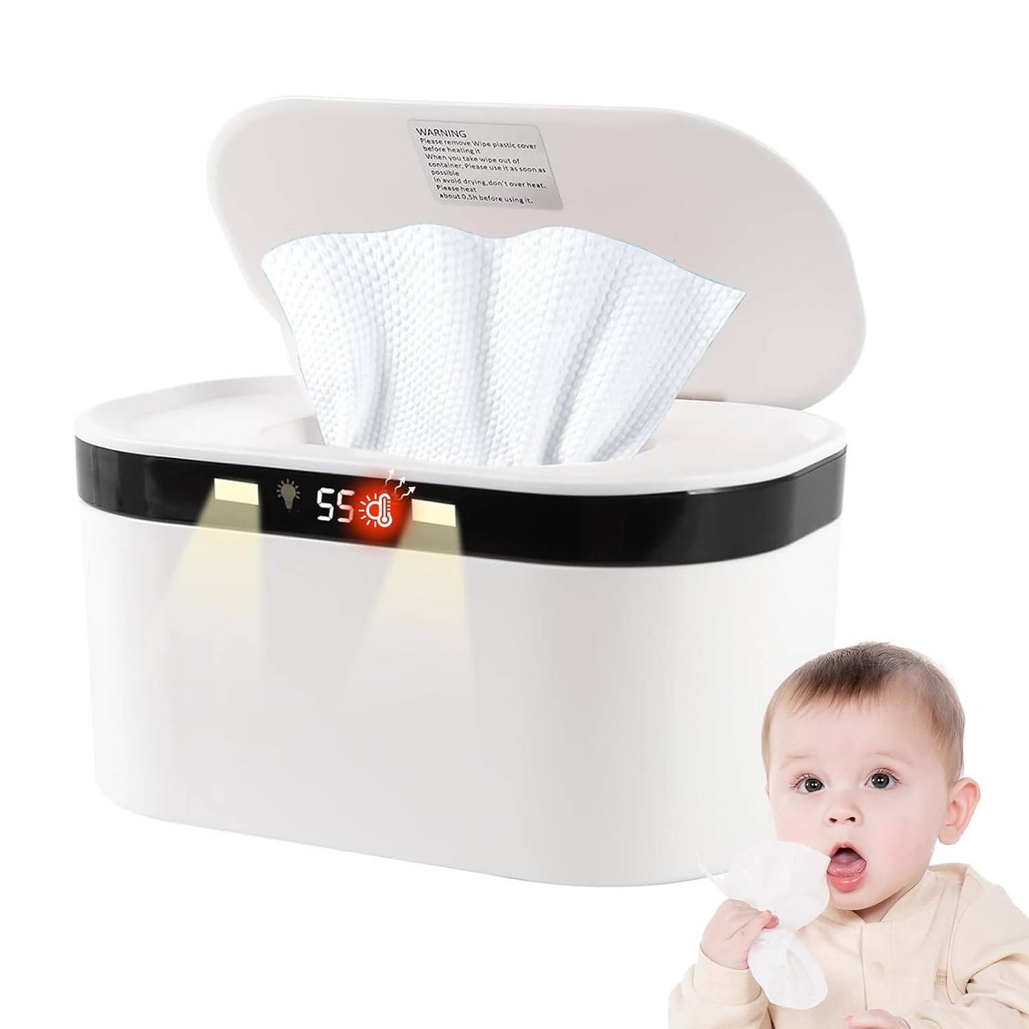 Baby Wipe Warmer, Wet Wipe Warmer 5 Modes of Temperature Heating Control Dual Heat for Baby’s Comfort Large Capacity Wipes Dispenser Diaper for Babies & Adult, Wipe Warmer with Night Light