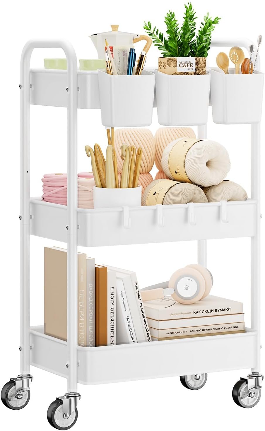 YASONIC 3 Tier Rolling Cart, Heavy Duty Metal Utility Cart with Wheel White