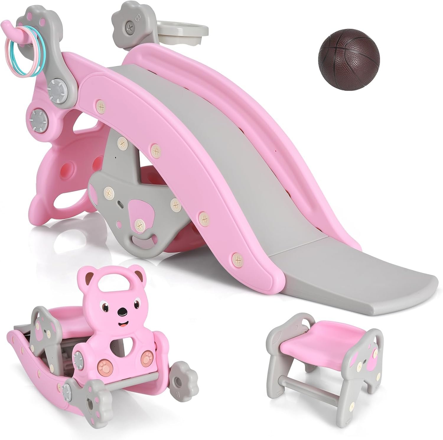HONEY JOY Toddler Slide Rocking Toy, 6 in 1 Convertible Freestanding Slide for Kids w/Basketball Hoop/Ring Toss Game/Rocking Horse/Stool, Foldable Baby Climber Playground Slide for Indoors Outdoors