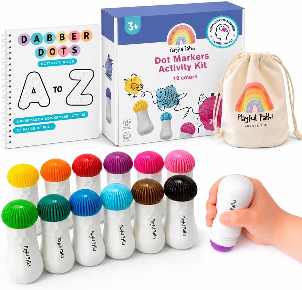 Playful Paths Dot Markers Activity Kit – Easy Palm Grasp Grip for Toddlers & Preschoolers, Montessori Pre-Writing Tool, 12 Chunky Washable Markers, A-Z Activity Book & Canvas Bag, Ages 3+