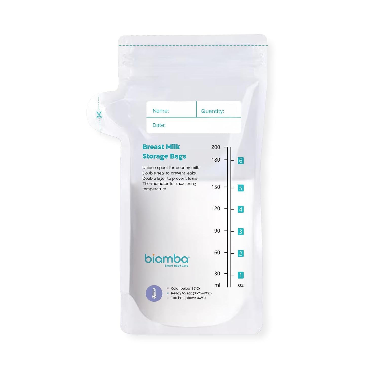 50-Piece Milk Storage Bags Breastmilk by Biamba – Breastmilk Storage Bag Freezer BPA-Free, Double Seal Leak-Resistant, Temperature Indicator, Easy Pour Spout, Pre-Sterilized, 200ml / 6.7 Fl.oz Per Bag