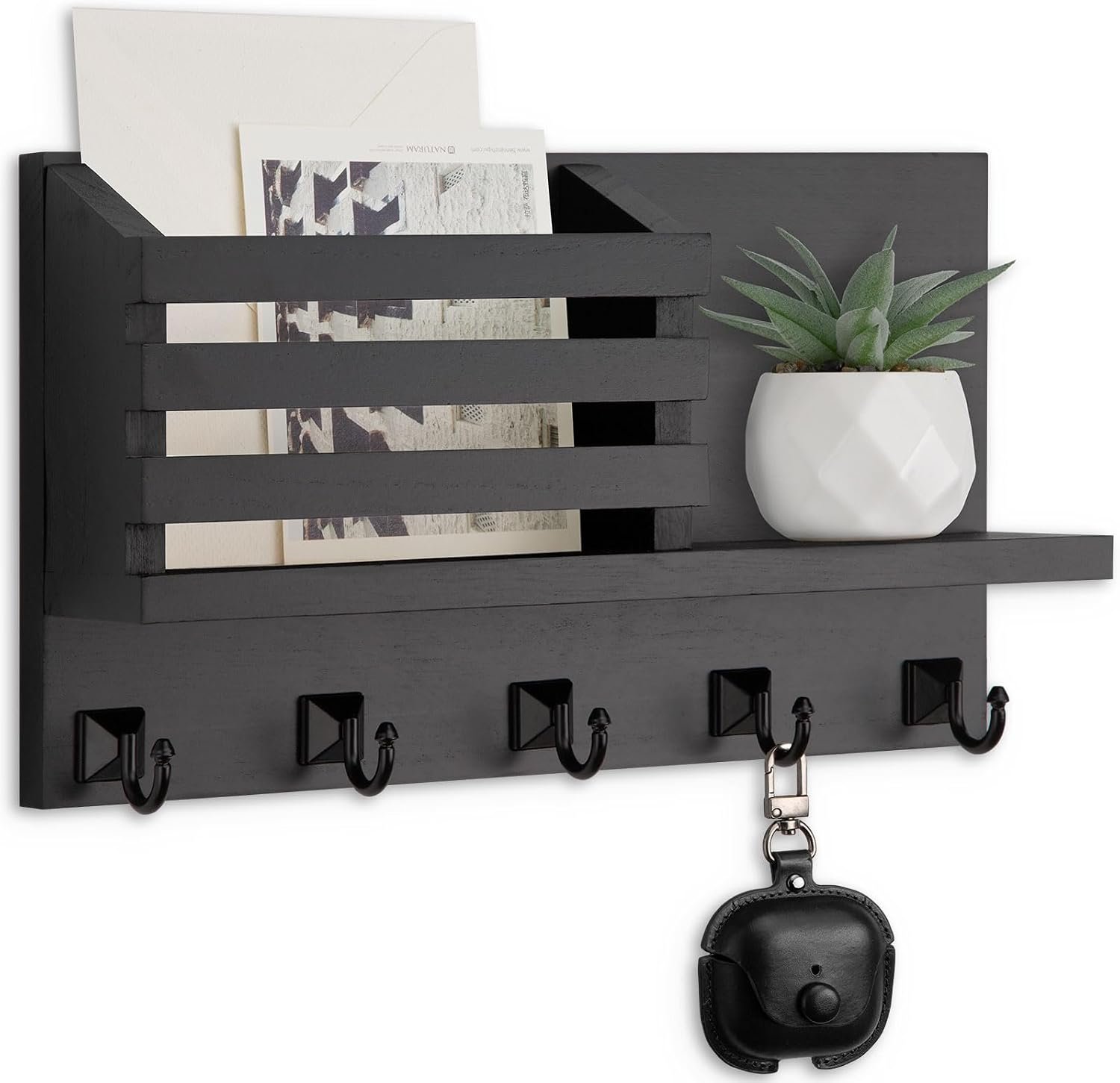 Key Holder Wall Mount, Mail Organizer for Wall with 5 Square Key Hooks