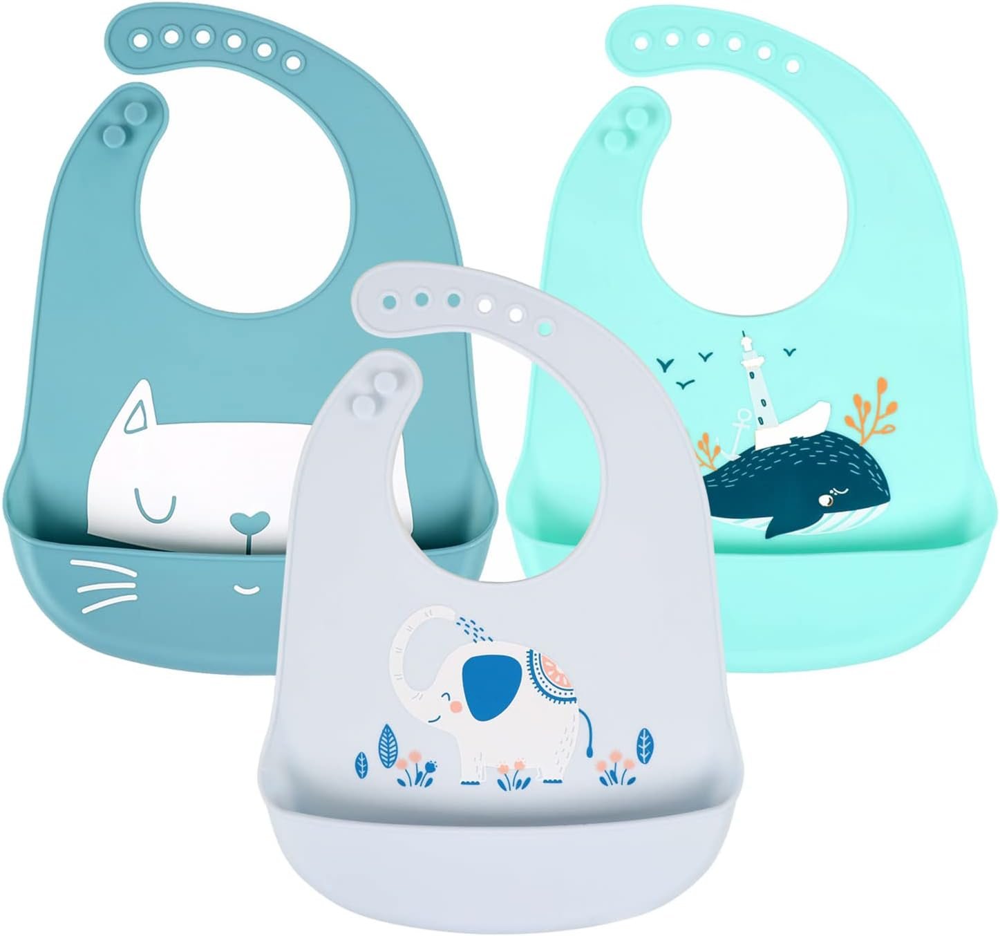Baby Silicone Feeding Bibs, 3pcs Adjustable Waterproof Bibs for Feeding