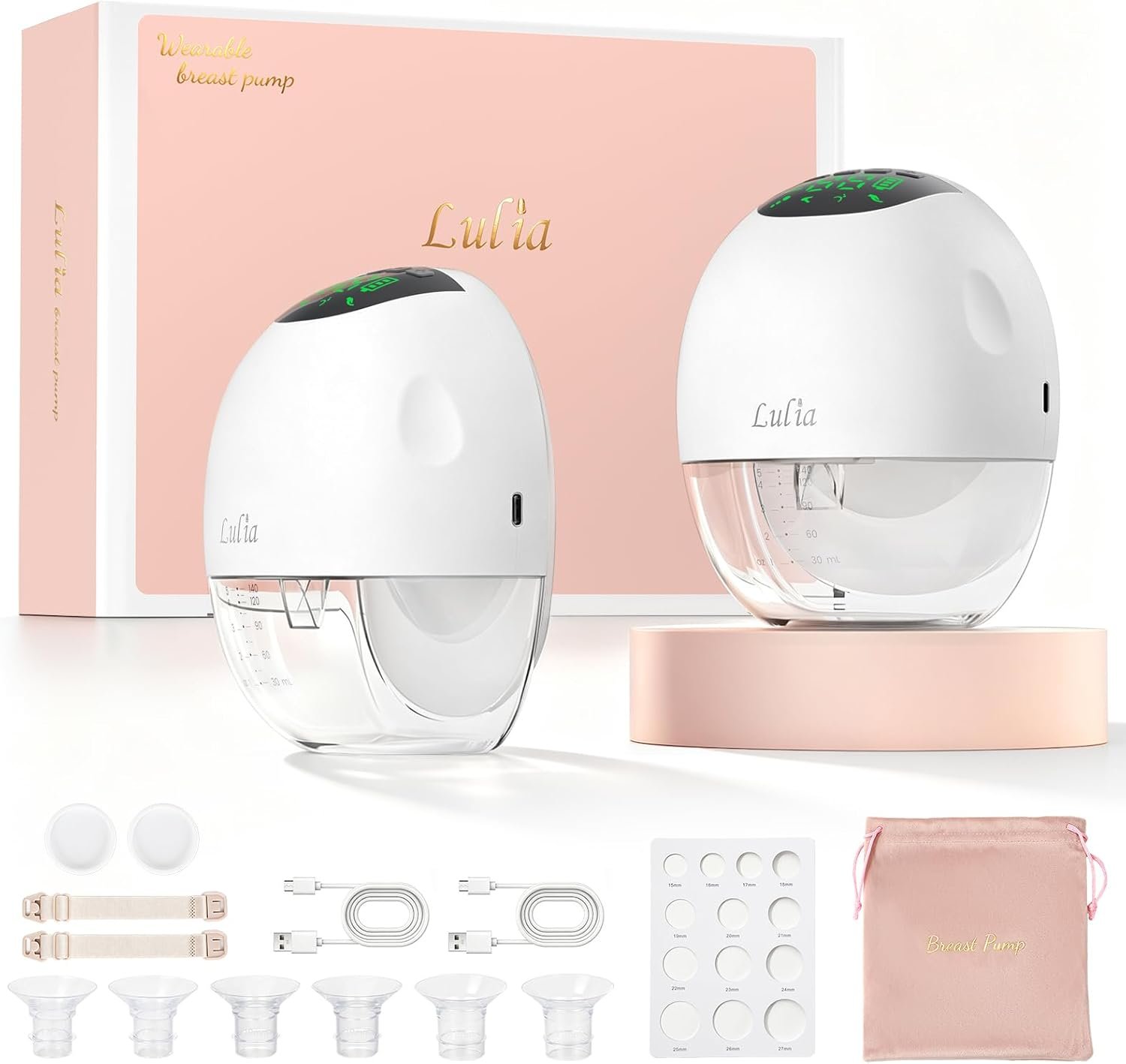 Lulia Breast Pump Hands Free, Upgraded Wearable Breast Pump, 380mmHg Strong Suction, 4 Modes & 9 Levels, Quickly Store Milk, 17/19/21/24MM Flanges, 2 Pack