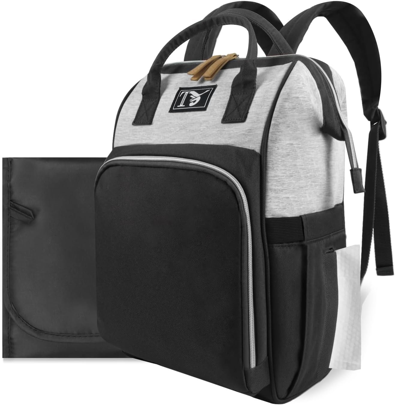 Diaper Bag Backpack with Changing Pad, Lightweight Baby Bag with 2 Insulated Bottle Pockets and Stroller Straps, Black Gray