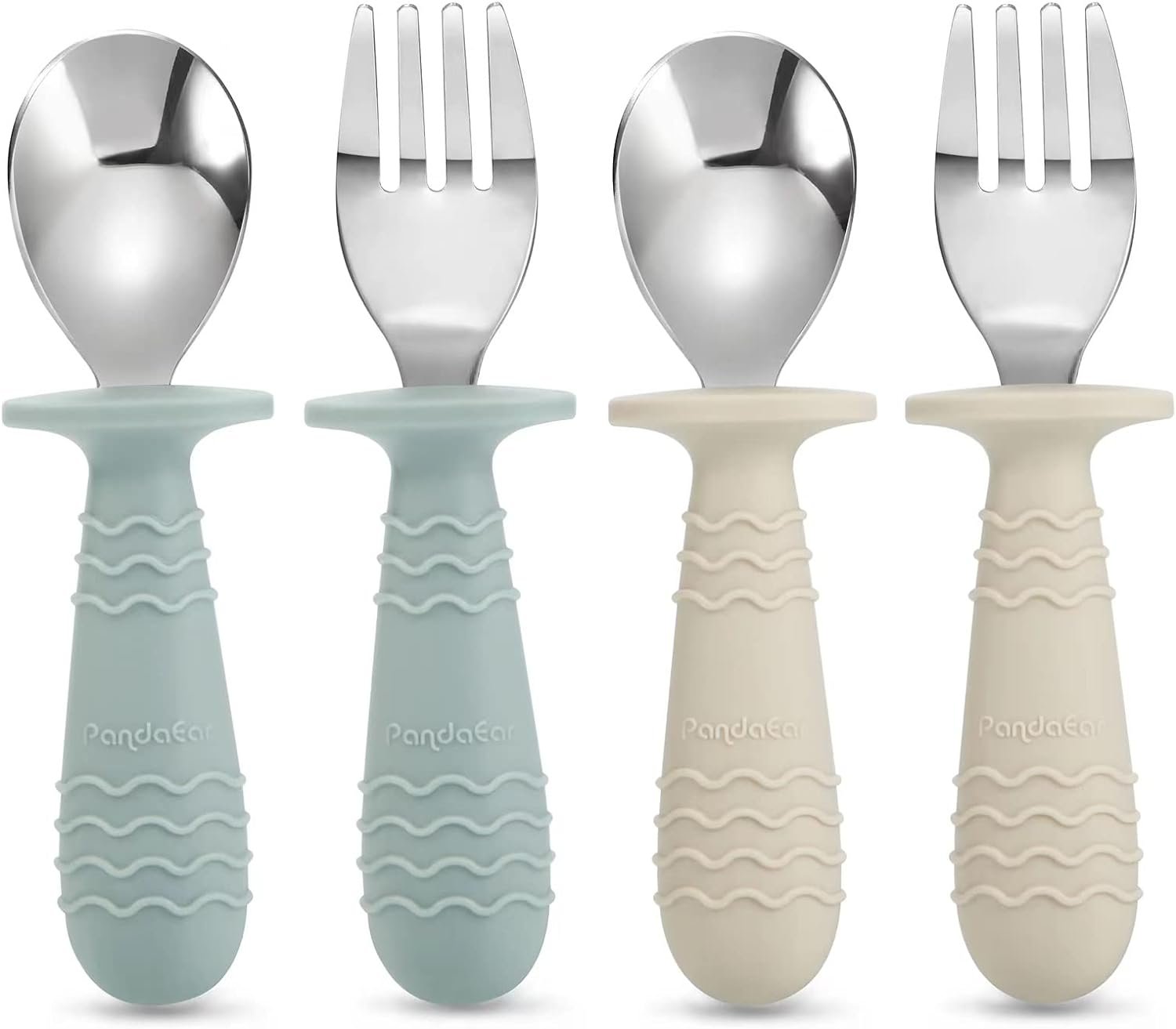 PandaEar 4 Set Baby Toddler Silicone Stainless Steel Utensils Silverware Spoon Fork for Baby Toddler BPA Free with Silicone Holding Anti-Choke Design