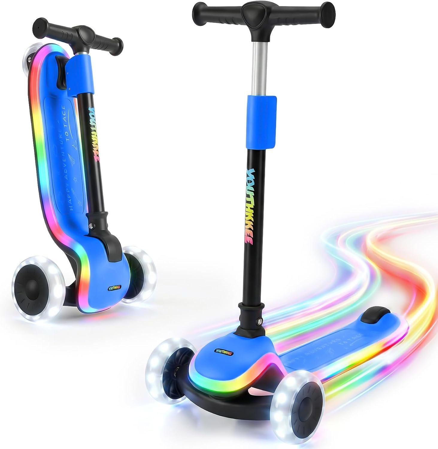 Kids Kick Scooter with LED Light-Up Wheels & Deck, 3-Wheel Folding Scooter for Ages 3-10, Adjustable Height, Extra Wide Anti-Slip Deck for Boys Girls