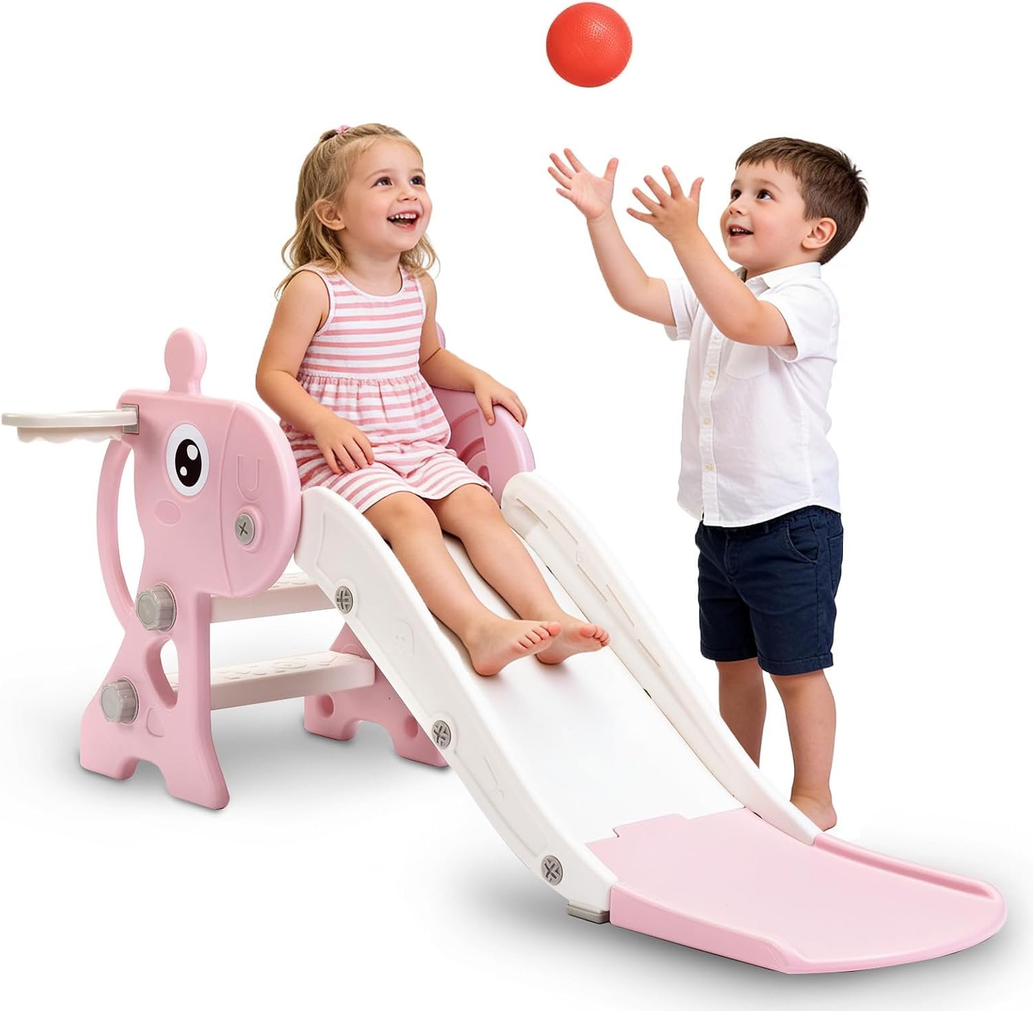 Kid Slide Indoor, Toddler Slide with Basketball Hoop and Ball, Outdoor Playset for Baby 2-5 Year Old (Pink Giraffe)