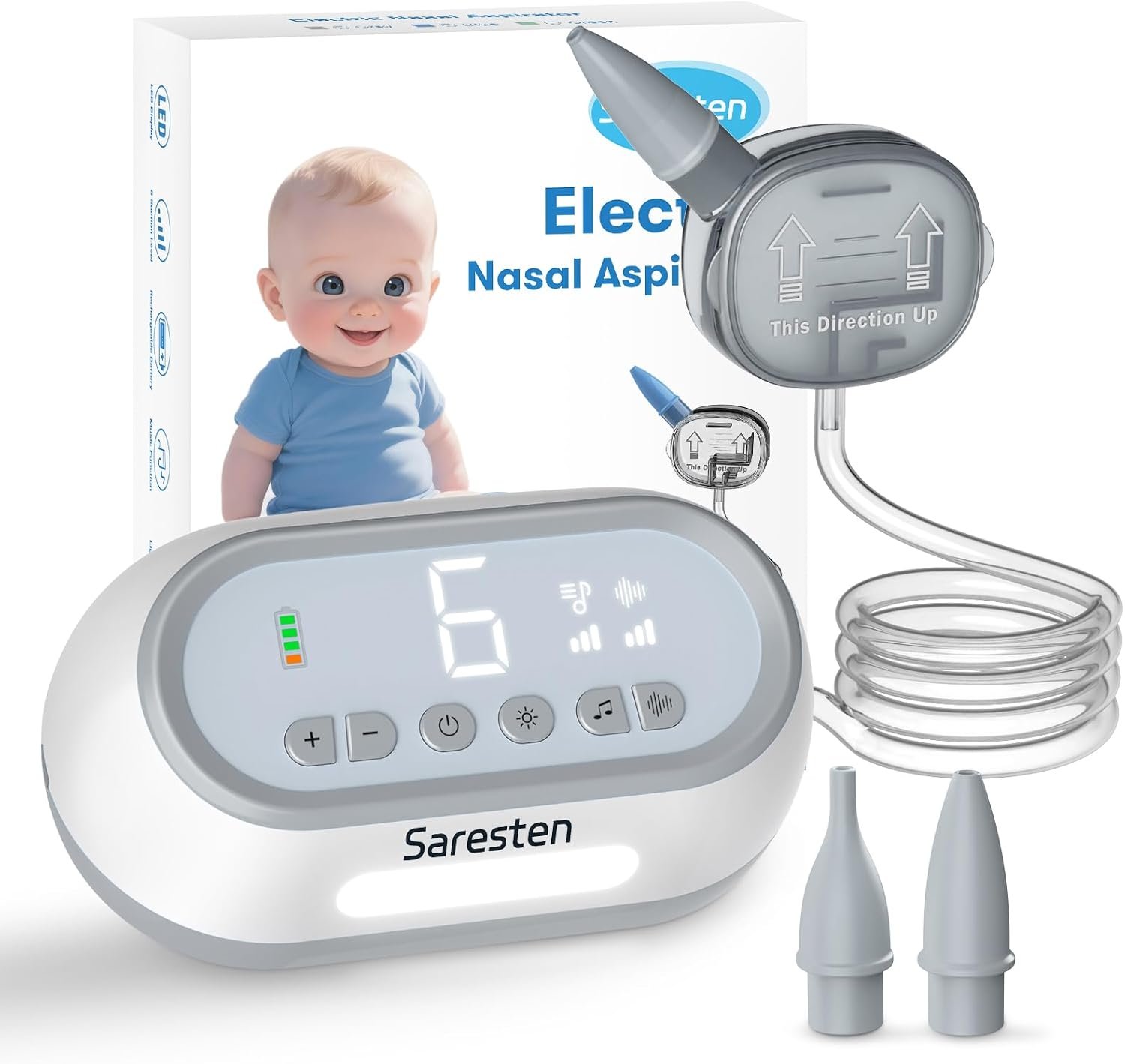 Electric Nasal Aspirator for Baby, Rechargeable Nose Sucker for Baby with 2 Silicone Tips, Adjustable 6 Suction Level, Booger Sucker with Music and Light Function, Gray