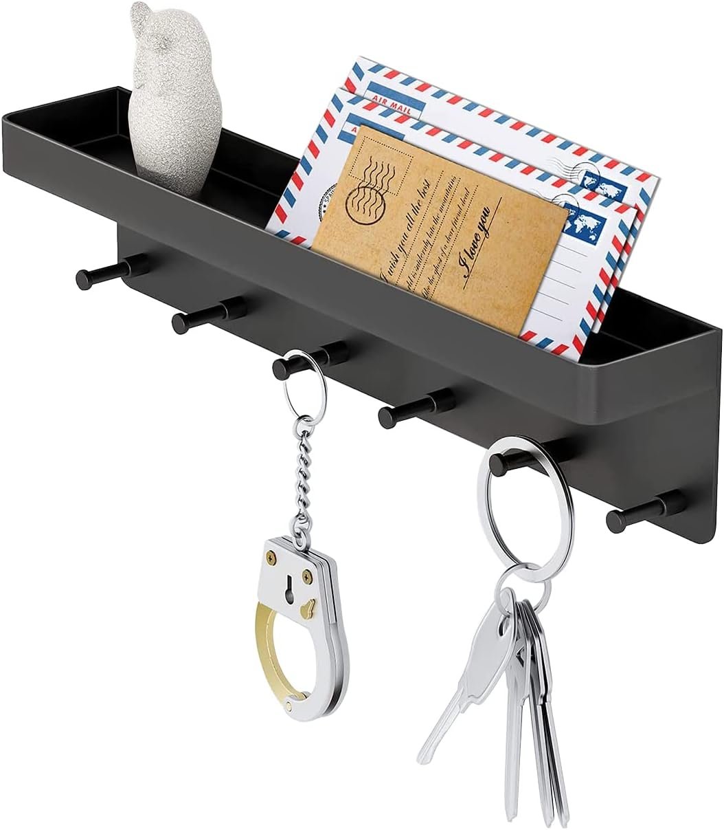 MKO Key Holder Wall Mount, Key Holder Wall Mount Adhesive with Mail Organizer Tray with 6 Key Hooks for Wall, Black