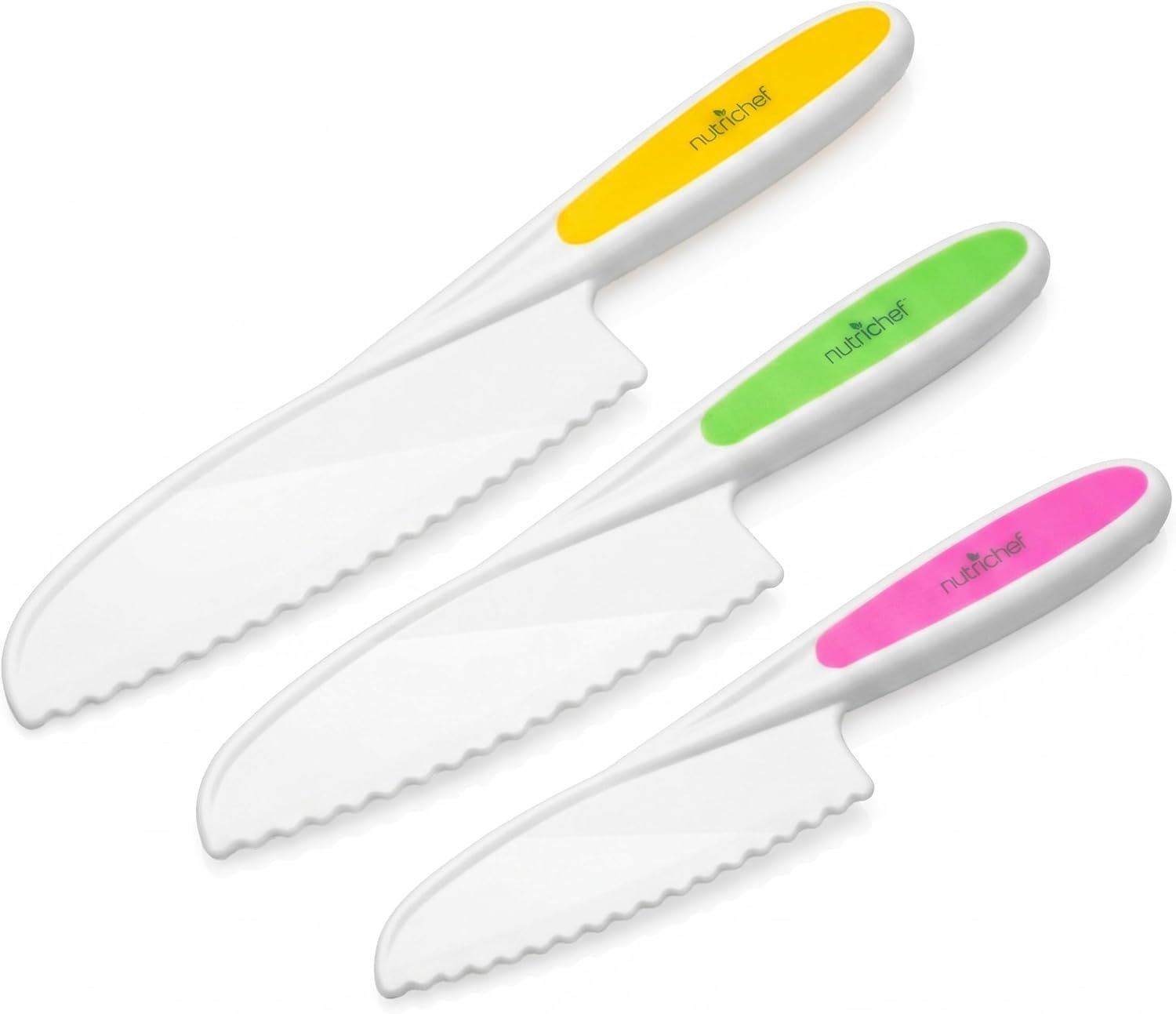 NutriChef 3-Piece Nylon Kitchen Baking Knife Set – Children’s Cooking Knives, Safe to Use, Firm Grip, Serrated Edges, Kids’ Knives, Protects Little Chef’s Fingers, Good For Cutting Food & Vegetables