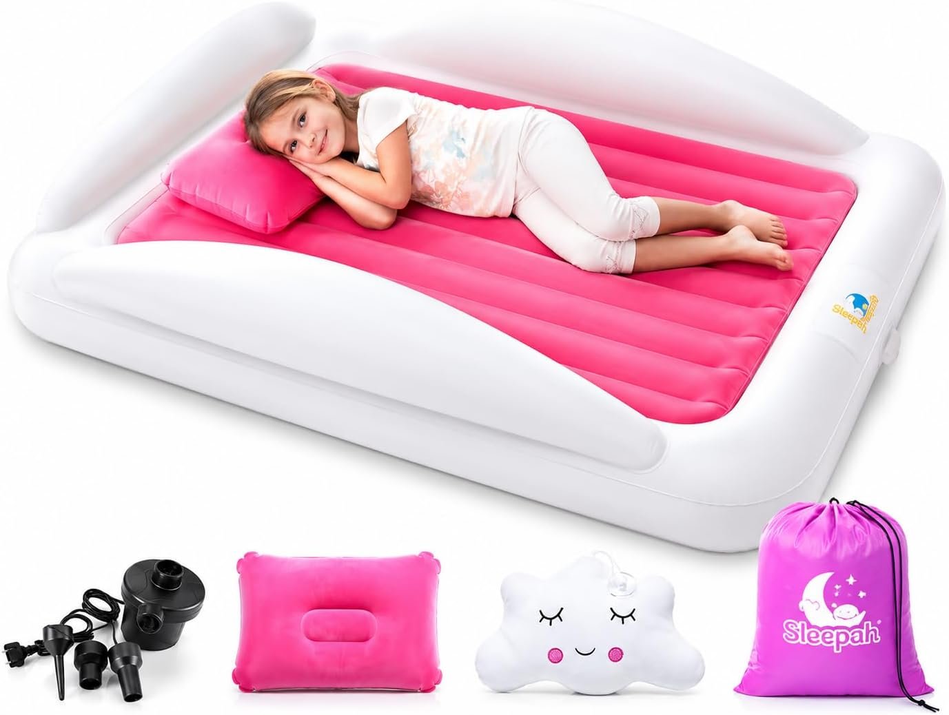 Inflatable Toddler Travel Bed – Kids Blow Up Air Mattress + Safety Bumpers