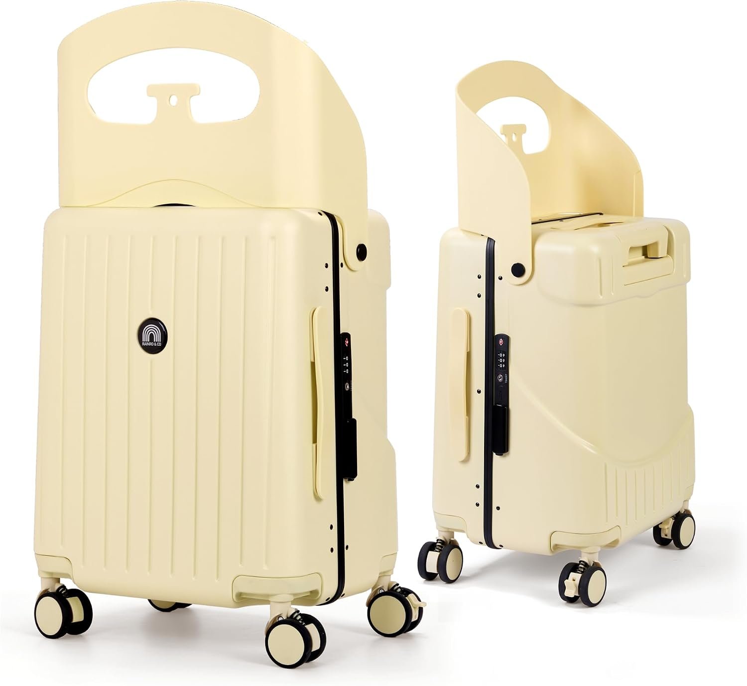 RAINRO & CO 20″ Ride-On Carry-On Luggage for Kids & Adults, Lightweight Durable Hardshell Suitcase with Built-In Kids Seat, Spinner Wheels & TSA Lock (Butter Beige)