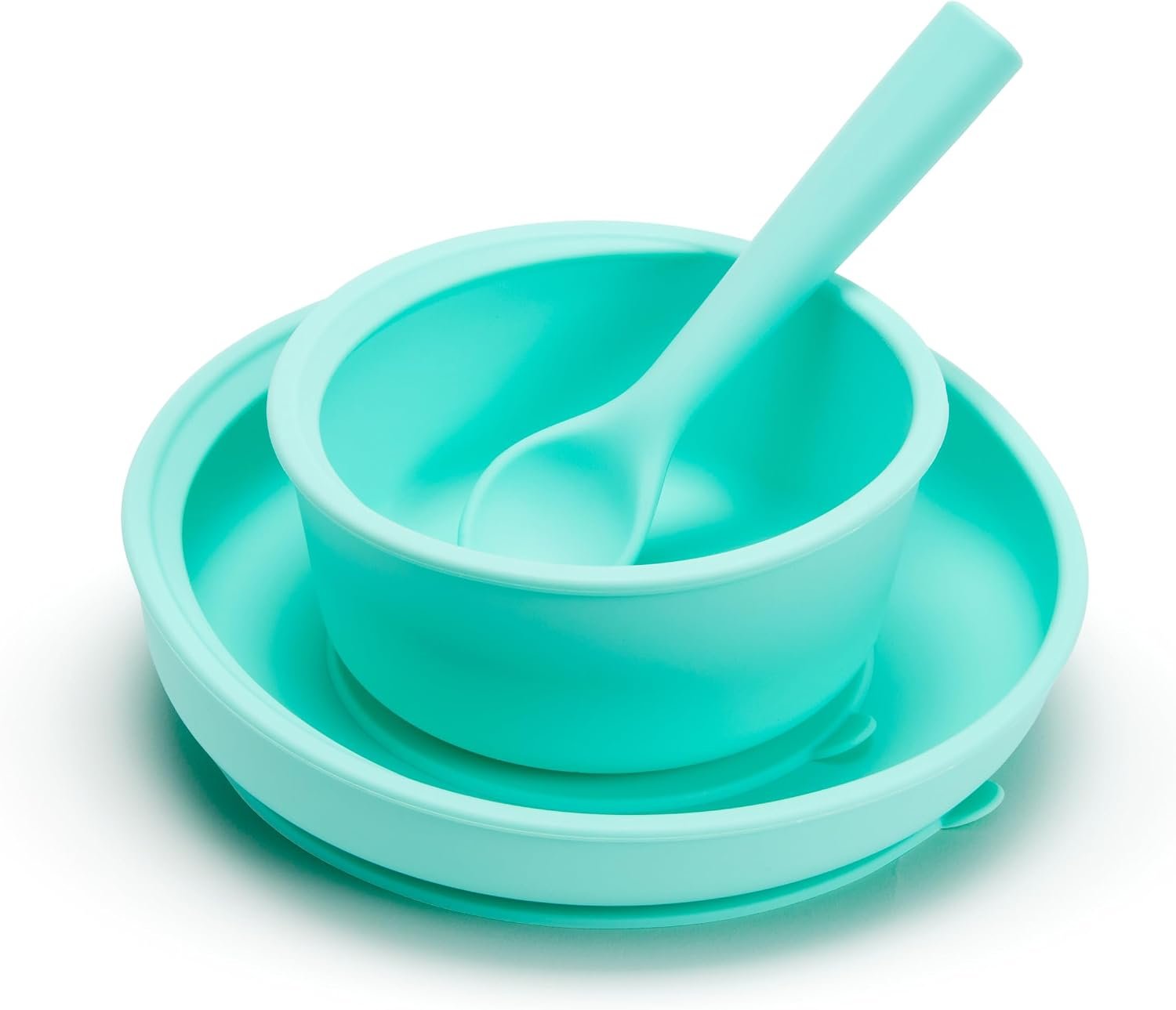 Munchkin Silicone Baby Feeding Set, Toddler Suction Bowl, Plate and Spoon, Baby Led Weaning and Infant Self Feeding, C’est Silicone!™ Mealtime Set, 4 Months and Up, BPA Free, Mint