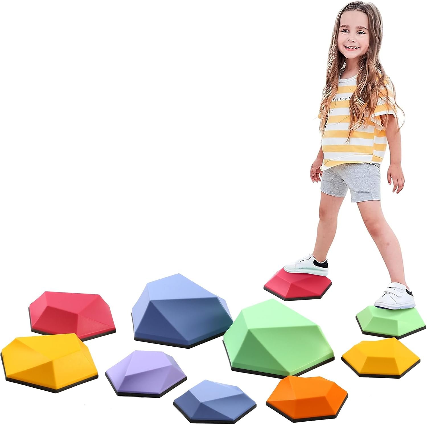 Special Supplies Stepping Stones for Kids Indoor and Outdoor Balance Blocks Promote Coordination, Balance, Strength Child Safe Rubber, Non-Slip Edging-Multi-Color (10 Pk- Diamond)