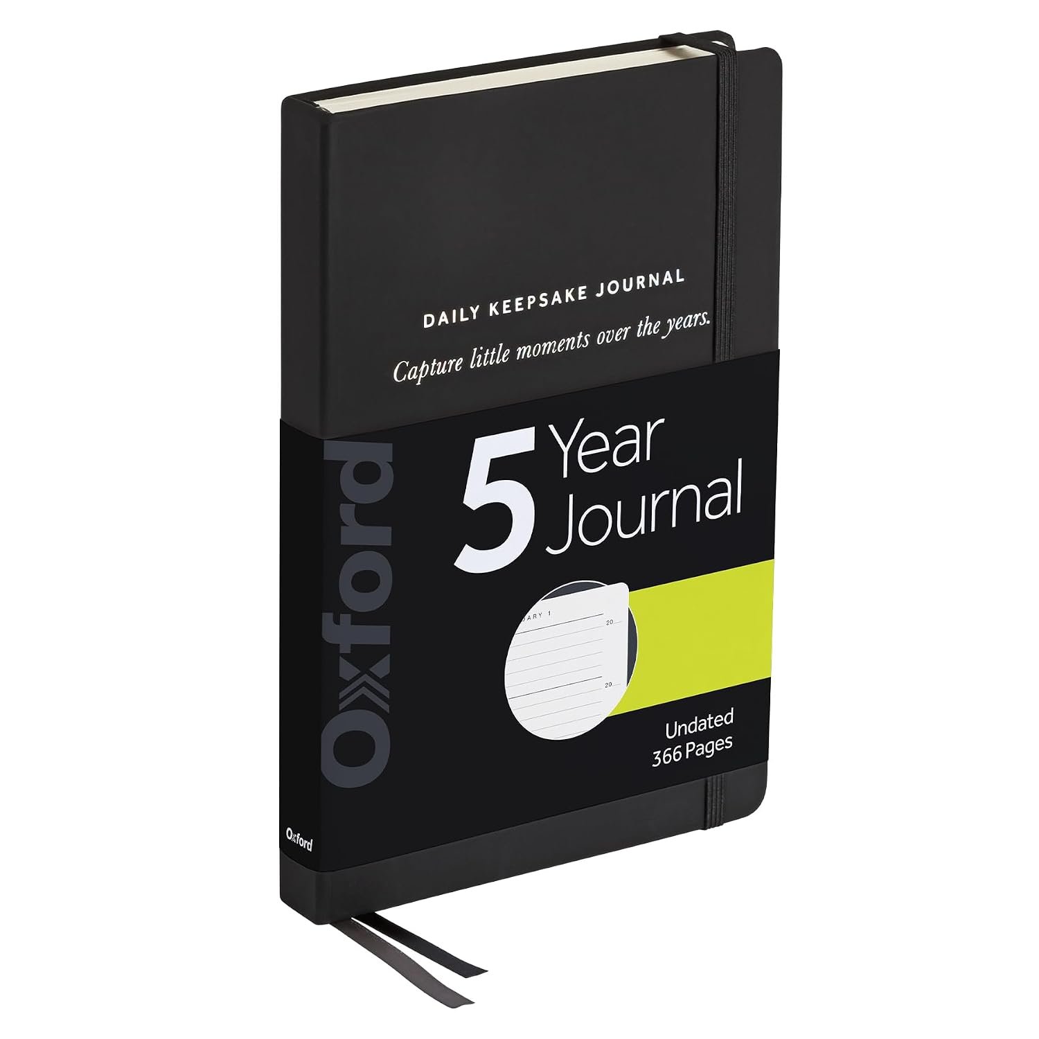 Oxford One Line a Day 5 Year Journal, Daily Keepsake Memory Book with Undated Entries, 366 Pages, 5.6” x 8.3”, Black Hardcover, Ribbon Markers and Pocket for Photos and Mementos (1017049)