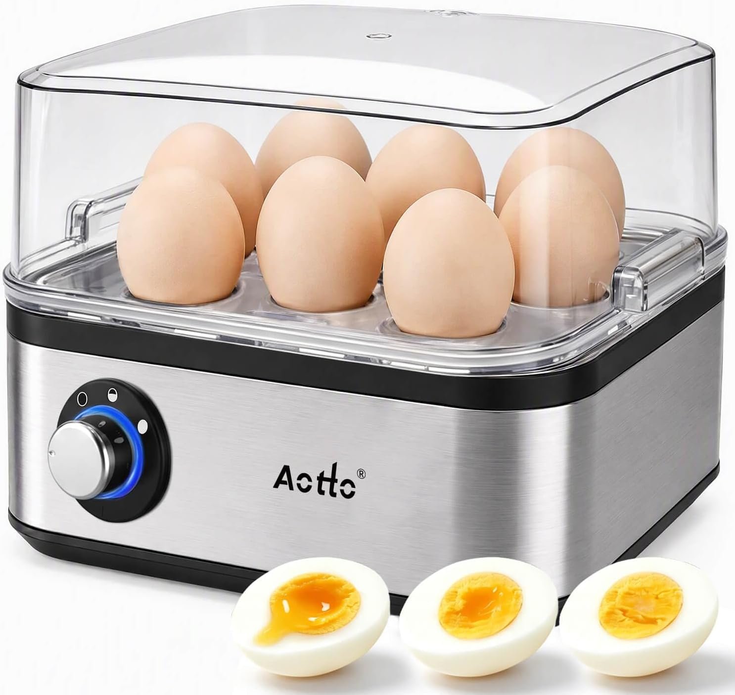 Aotto Rapid 8-Egg Cooker, 3 Doneness Levels, Stainless Steel, Auto Shut-Off