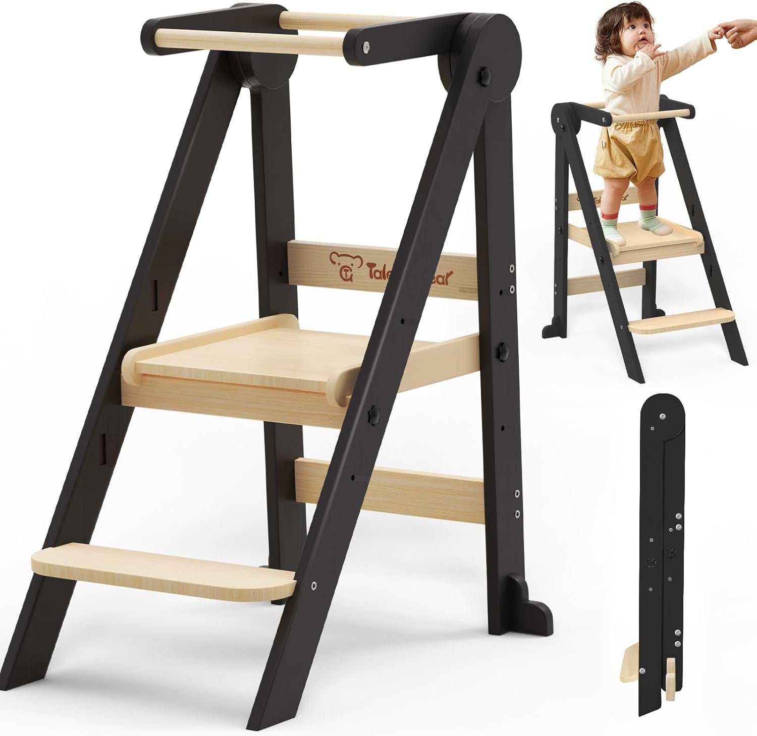 Foldable Toddler Kitchen Stool Helper with 3 Adjustable Heights,Aged 1-6