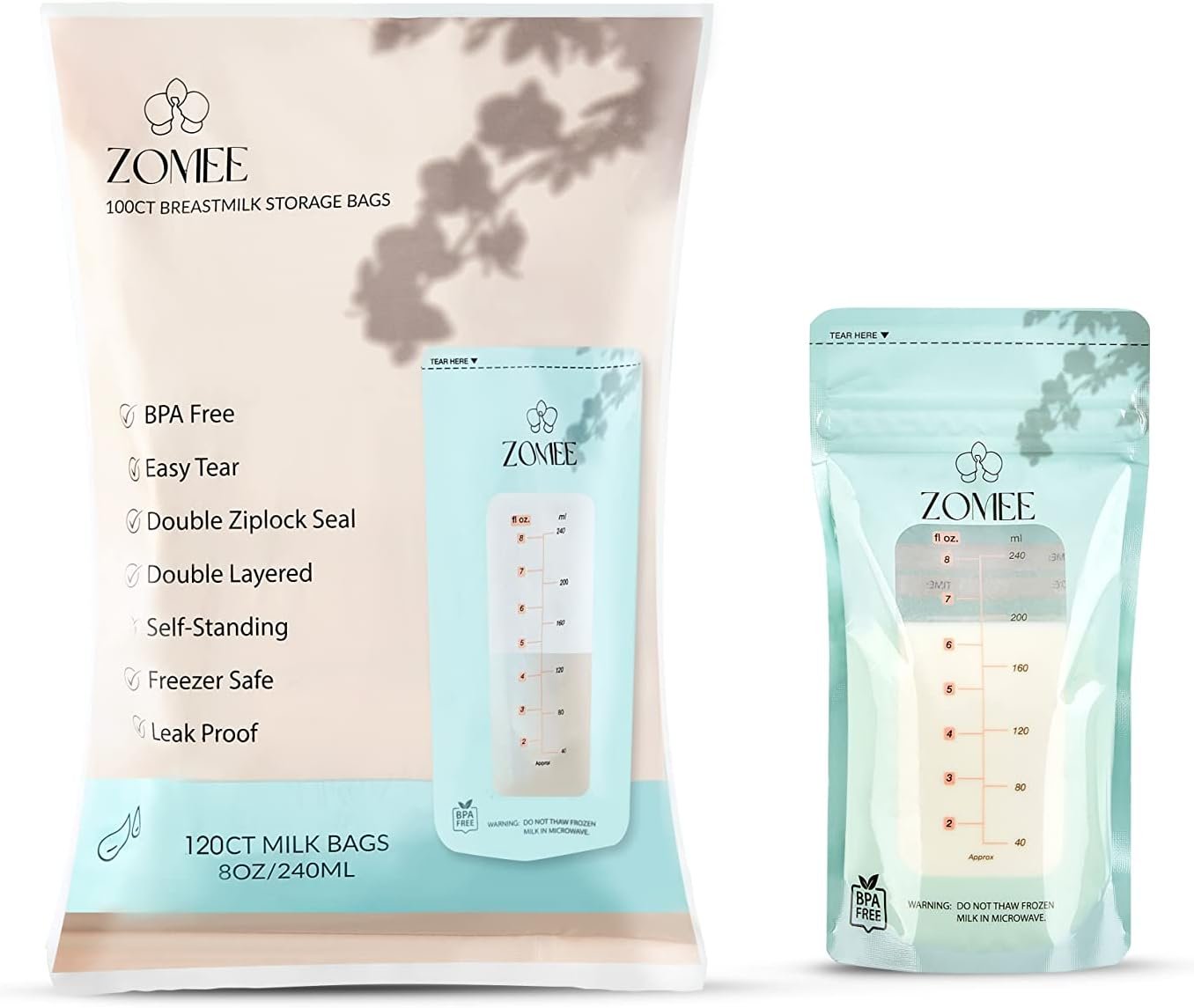Zomee 8oz Breast Milk Storage Bags 120ct, Leakproof, BPA-Free, Freezer Safe