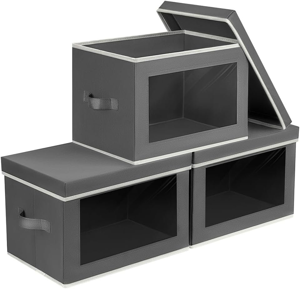 Homsorout Storage Bins with Lids – Fabric Storage Boxes with Window, Collapsible Closet Organizers with Handles, 3 Pack Decorative Bin, Home Cubes Baskets for Clothes, Hat, Books, Dark Grey
