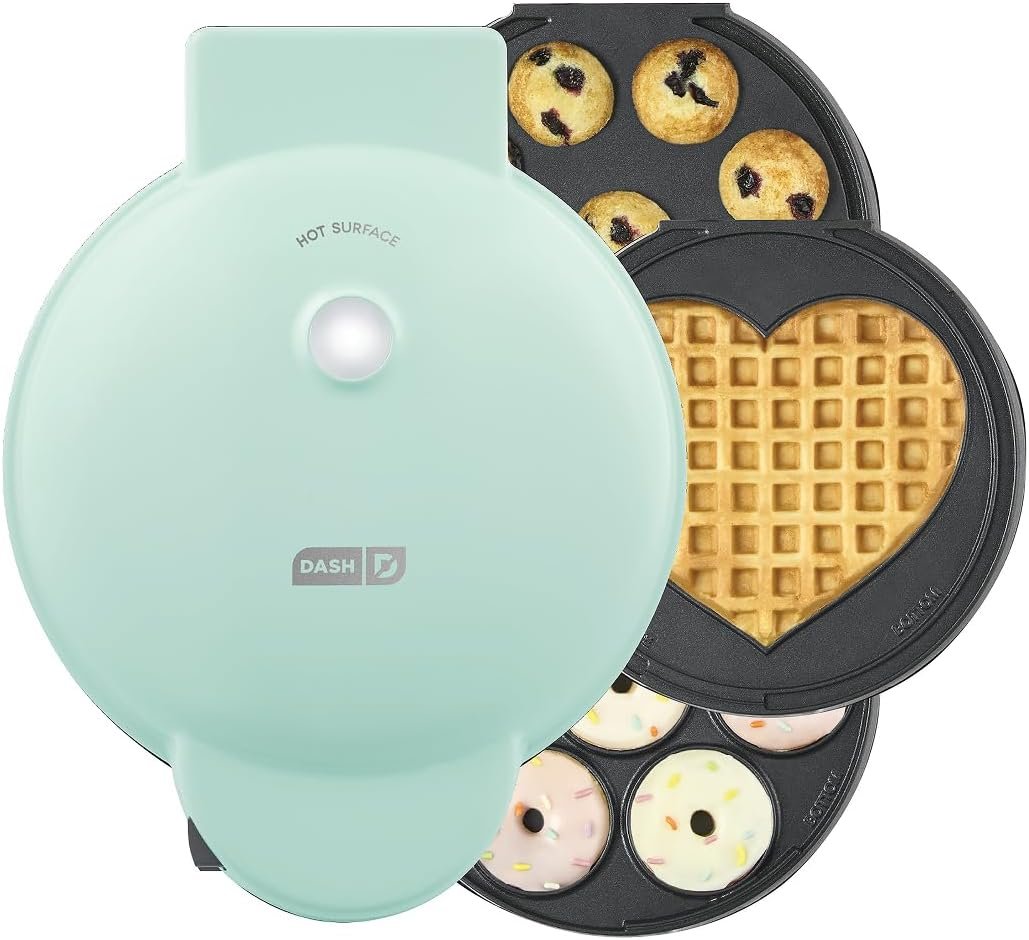 Dash MultiMaker® Treat Maker System – Make Mini Donuts, Cupcakes & Heart-Shaped Waffles – Interchangeable Plate Design – dishwasher safe Parts for Easy Cleanup – Aqua