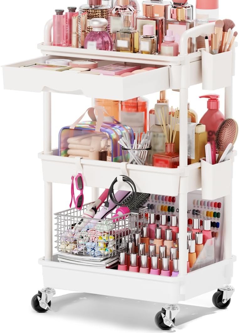 Goovilla Rolling Makeup Organizer Cart with Removable Drawer, 3 Tier White