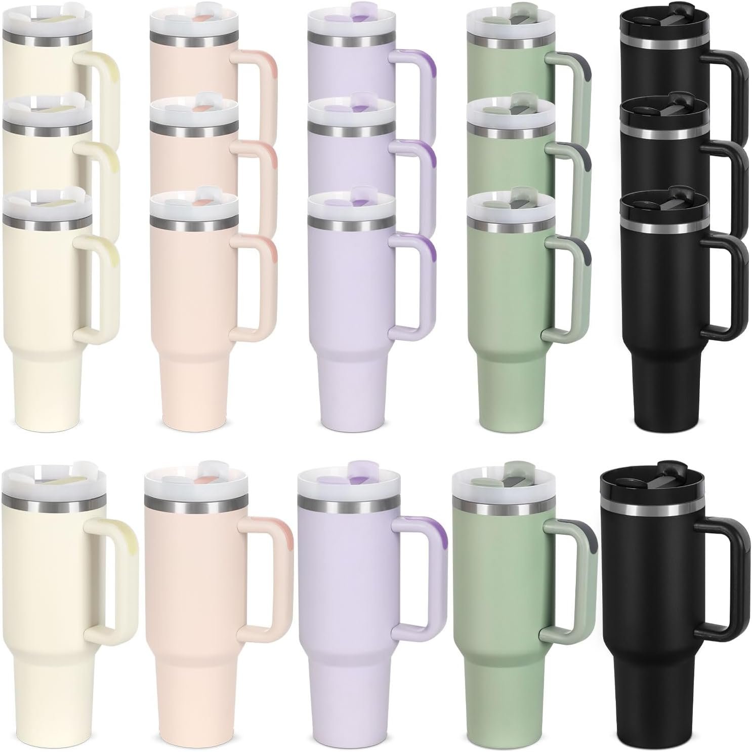 15 Pack 40 Oz Tumbler with Handle and Straw Bulk, 40 Oz Tumbler Stainless Steel Vacuum Insulation Keep Hot and Cold, 40 Oz Travel Coffee Mug with Silicone Spill Proof Stopper Set, Individually Boxed