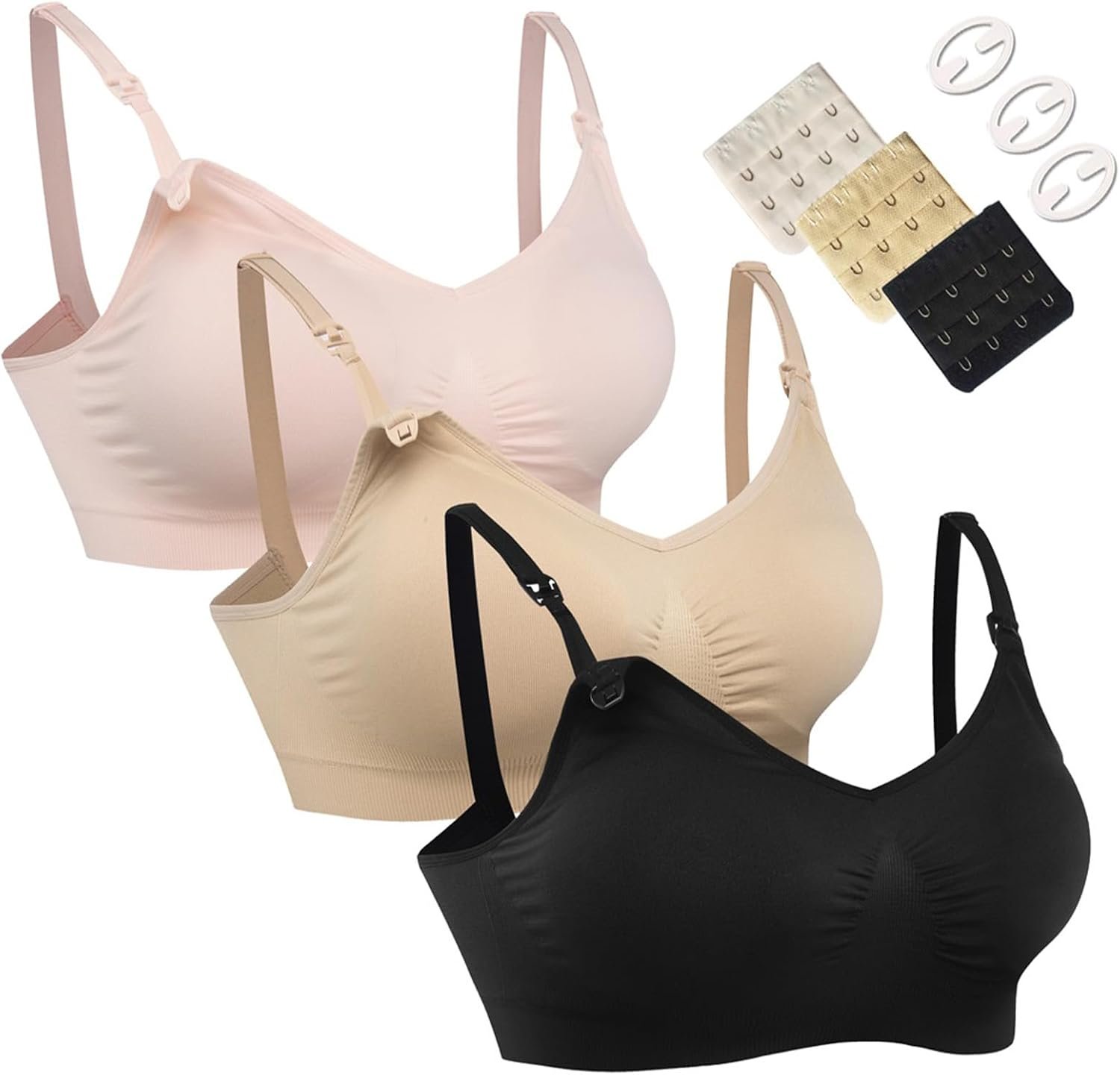 HOFISH 3PACK Full Bust Seamless Nursing Maternity Bras Bralette S-XXL with Extra Bra Extenders & Clips
