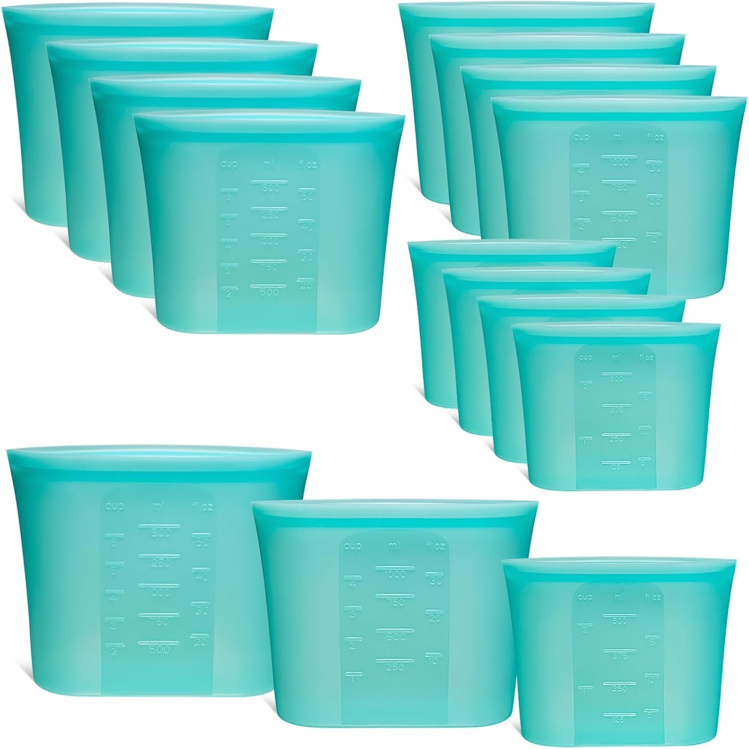 12-Pack Reusable Silicone Food Storage Bags, 100% Silicone Stand-Up Wide-Open Zip-Lock Reusable Storage Bags for Food, Freezer Microwave Oven Dishwasher Safe, Aqua, 4M 4S 4XS
