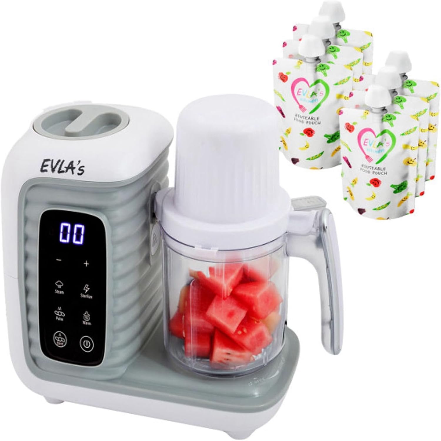 EVLA’S Double Baby Food Maker with 2 Steaming Baskets, Steamer, Blender, Grinder, Food Processor, Cook & Blends Healthy Baby Food in Minutes, Touch Screen, with 6 food pouches, White