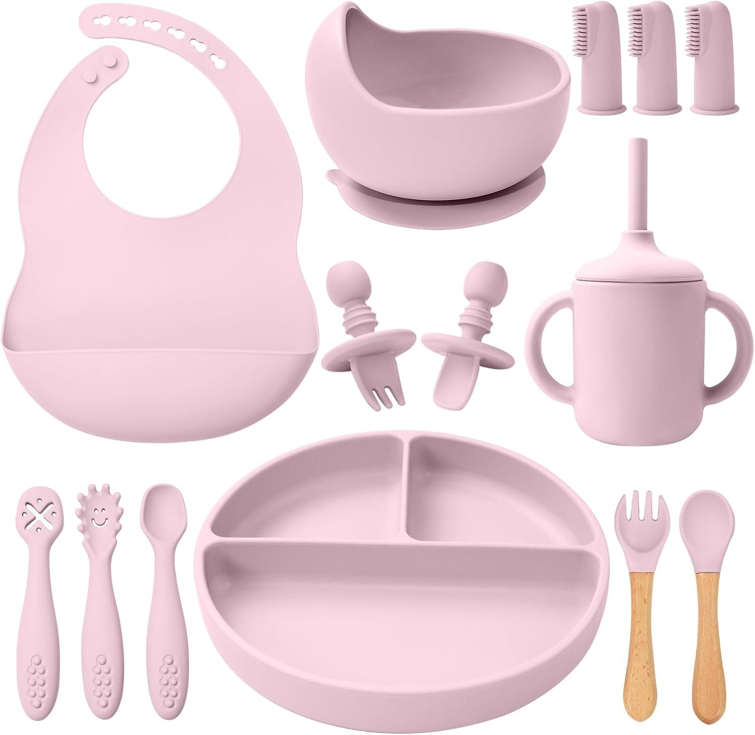Silicone Baby Feeding Set 14 Pcs, Baby Led Weaning Set, 6M+, Light Pink