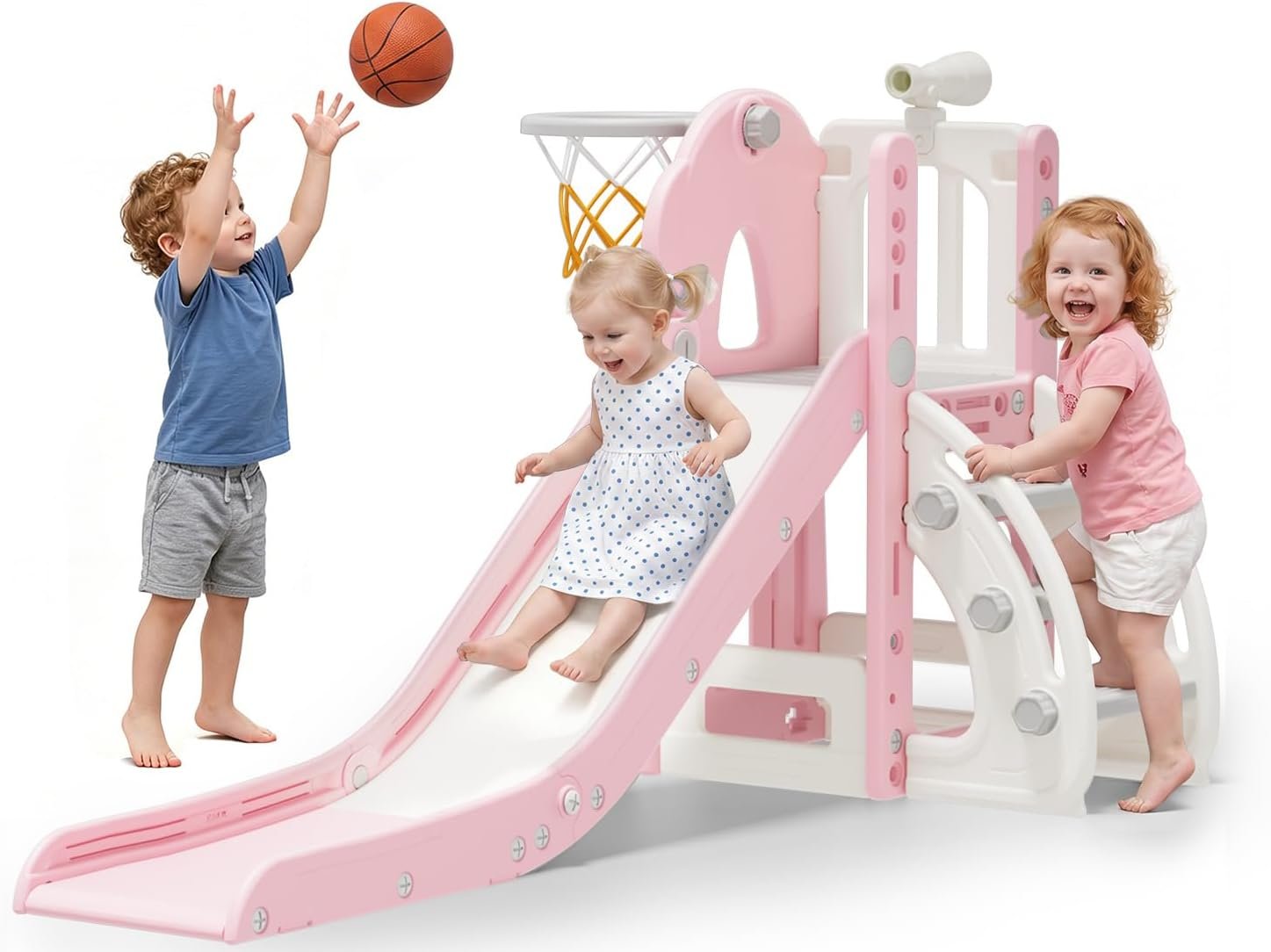 BIERUM 6 in 1 Toddler Slide for Toddlers 1-3 Indoor Outdoor Playset Pink