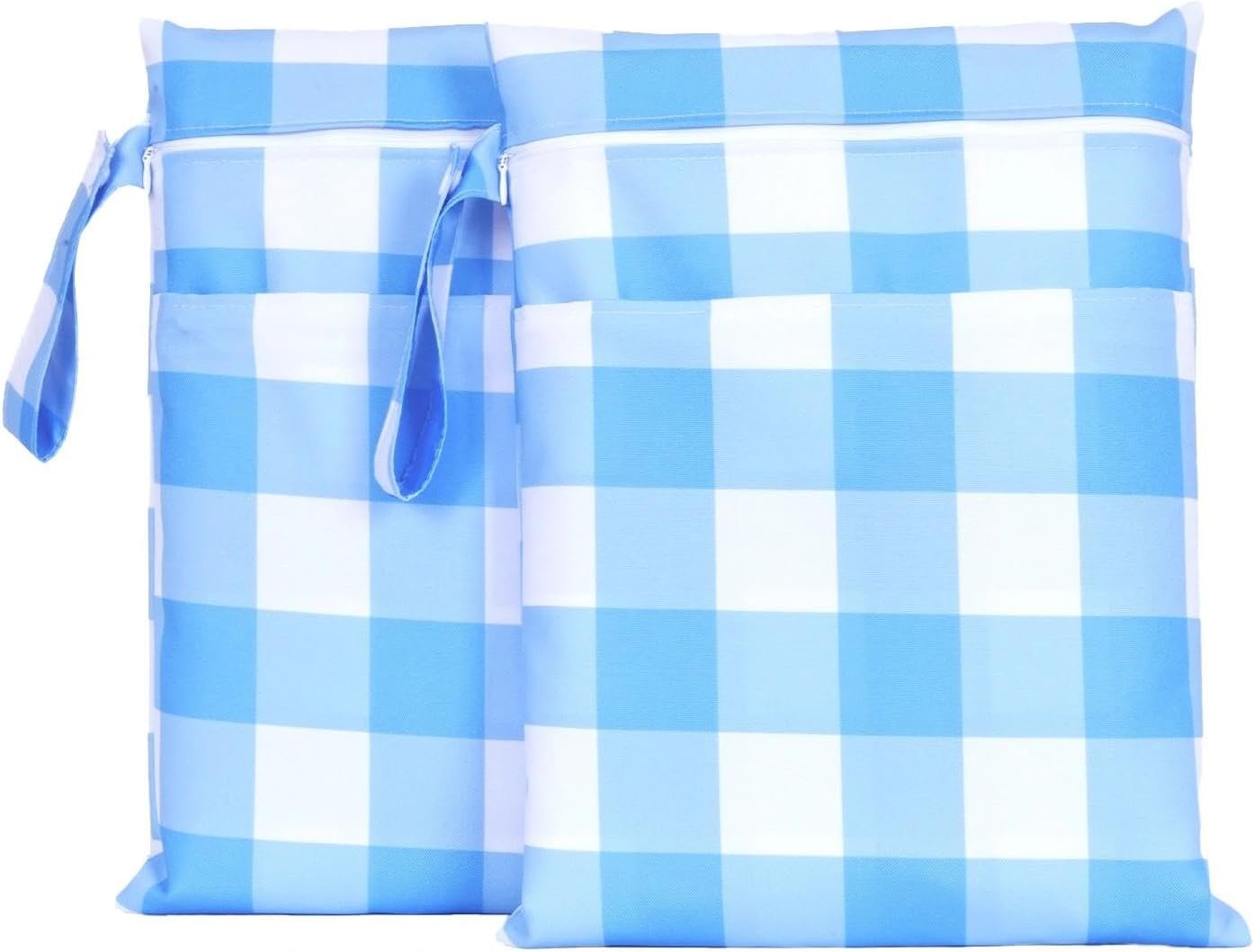 Poise3EHome 2 Pcs Wet Dry Bag for Swimsuit & Cloth Diapers, Blue Plaid Waterproof Reusable Dry Bag with Zippered Pocket for Travel, Beach & Daycare, Portable Organizer for Wet Clothes & Pump Parts