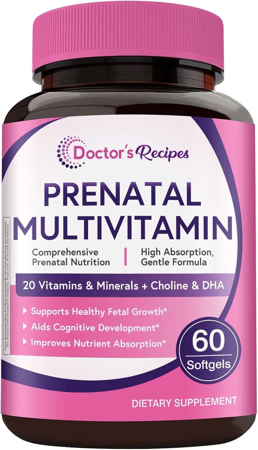 Doctor’s Recipes Prenatal Multivitamin with DHA & Folate (L-5-MTHF) for Expecting & Planning Moms, Gentle Comprehensive Nutrient Support, 60 Softgels