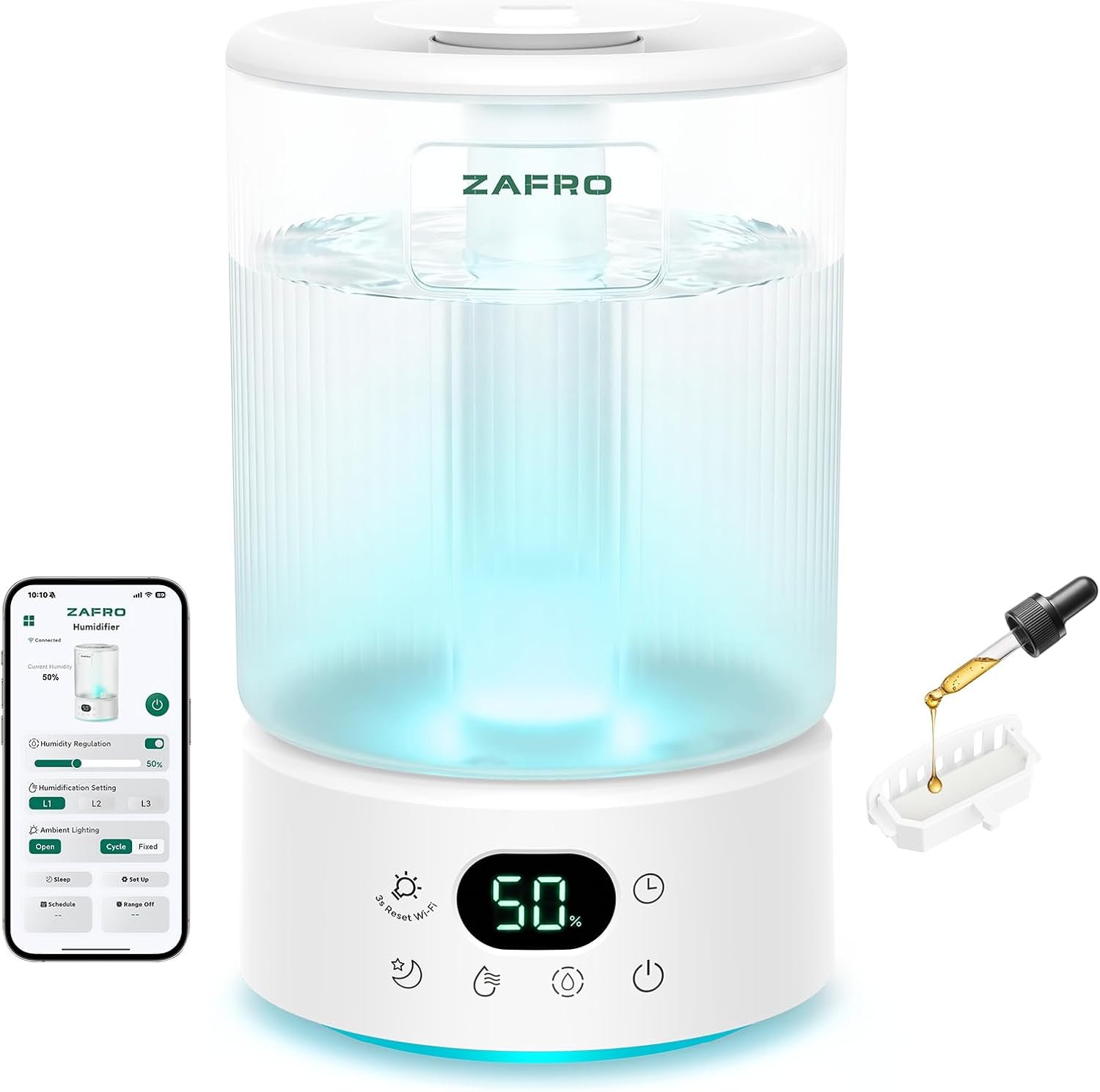 ZAFRO 4.2L Cool Mist Humidifier for Bedroom, Top Fill, 24dB Quiet, White