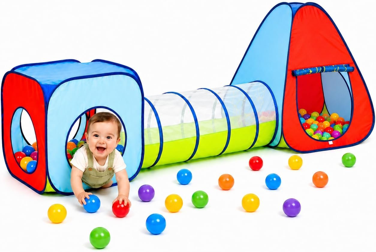 Kiddey Tunnel and Ball Pit Play Tent | 3pc Pop Up Toddler Gym Tunnels with Tents for Kids, Toddlers, Infants Boys & Girls | Indoor & Outdoor Gift Game | Baby Crawling Pits for Playground