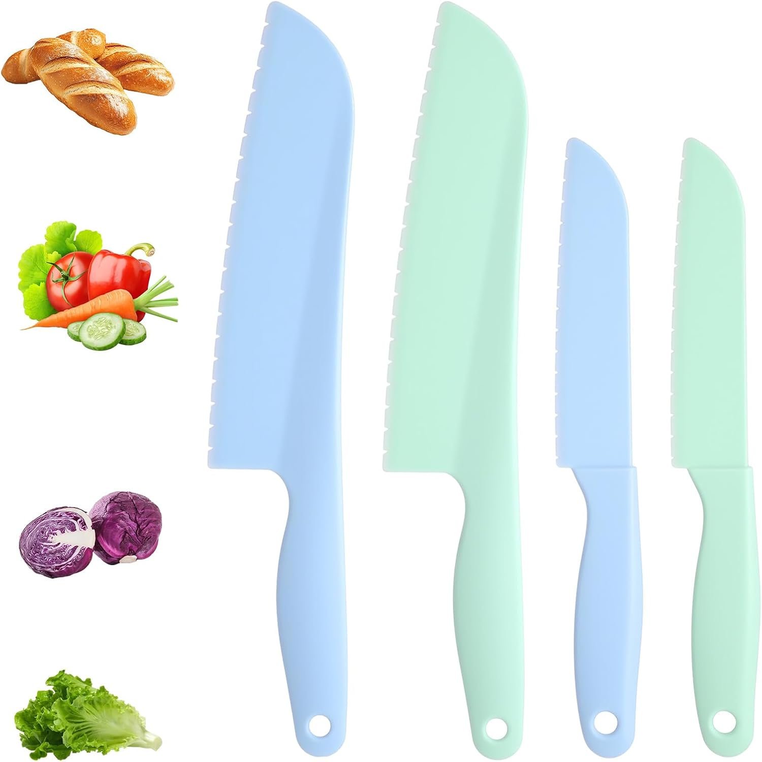 4 Pack Lettuce Knife 11/8.5″ Plastic Cake Knifes to Prevent Browning Serrated Kitchen Cutter for Cutting Fruits, Cakes and Bread Dishwashable Safe for Kids Nylon Cutters for Nonstick Pans (Green, S&L)
