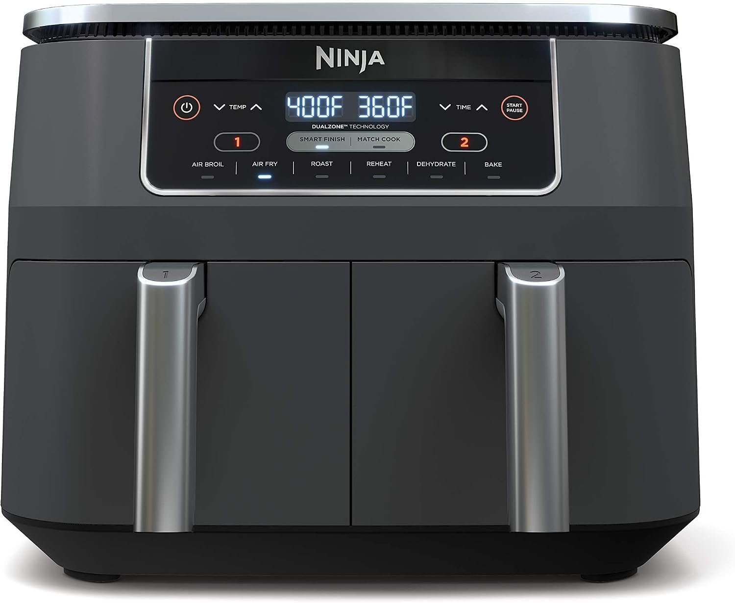 Ninja DZ201 Foodi 8 Quart 6-in-1 DualZone 2-Basket Air Fryer, Match Cook and Smart Finish to Roast, Broil, Dehydrate for Quick Easy Meals, Grey