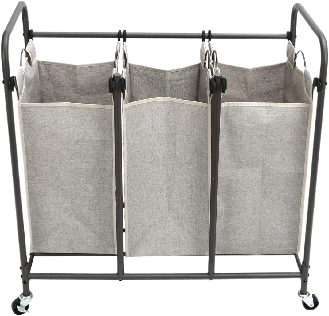 3-Bag Rolling Laundry Sorter Cart, Grey Metal Frame Hamper With 3 Removable Fabric Bins, Heavy Duty Organizer For Bedroom, Room, Apartment And Household Clothes Sorting