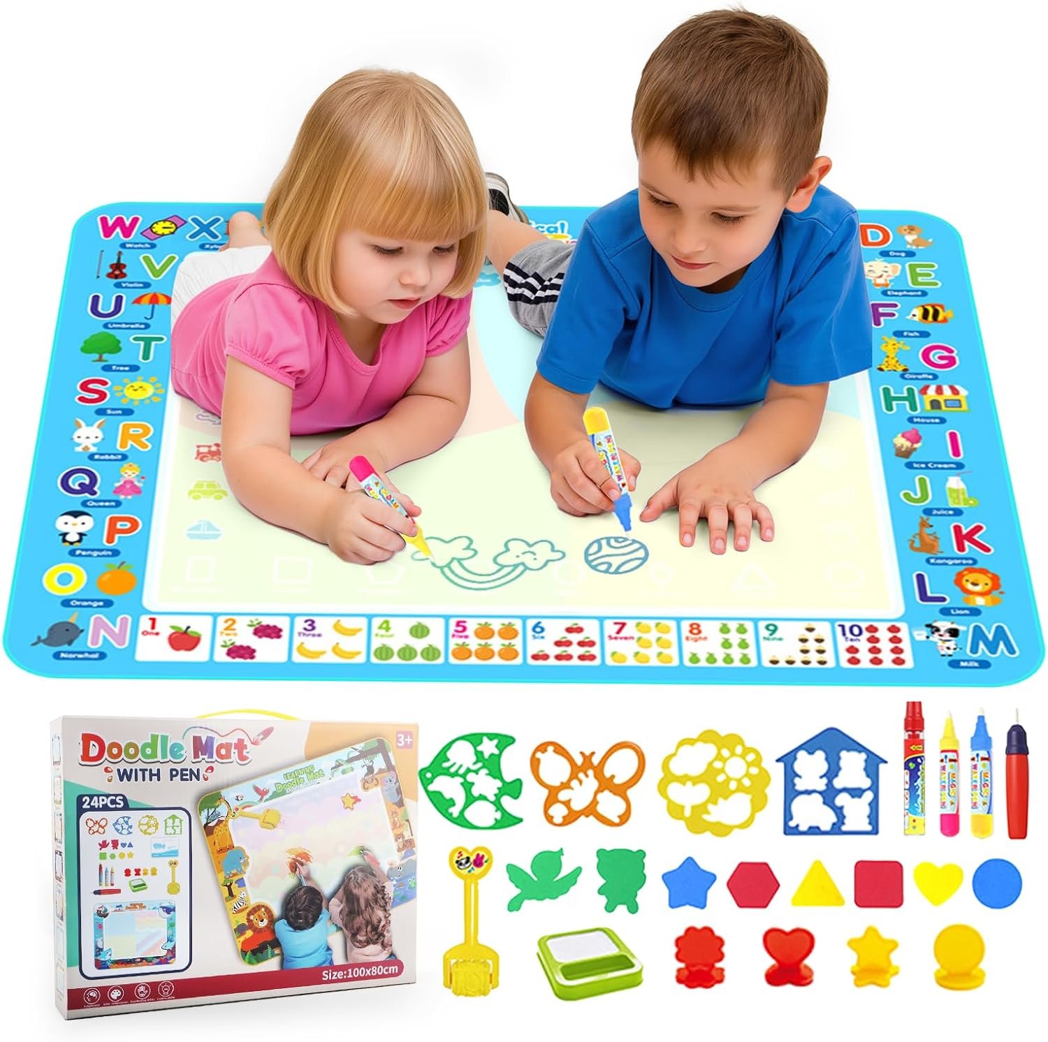 Water Doodle Mat, 40 x 30 Inch Mess Free Magic Water Drawing Mat, Kids Learning Toys for Toddlers Age 3 4 5 6 7 8, Christmas Birthday Gifts for Girls Boys