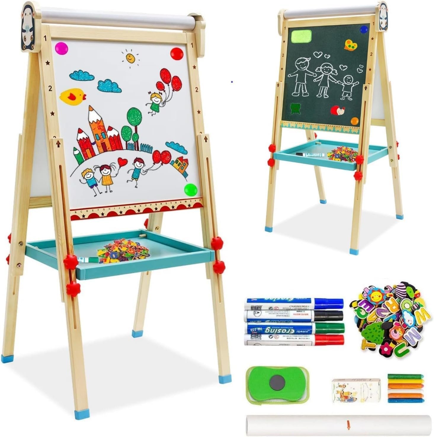 Children’s Art Easel with Paper Roll,Double-Sided Whiteboard&Chalkboard,Adjustable Magnetic Standing Easel with Numbers and Other Accessories,Painting Easel for Girls Boys