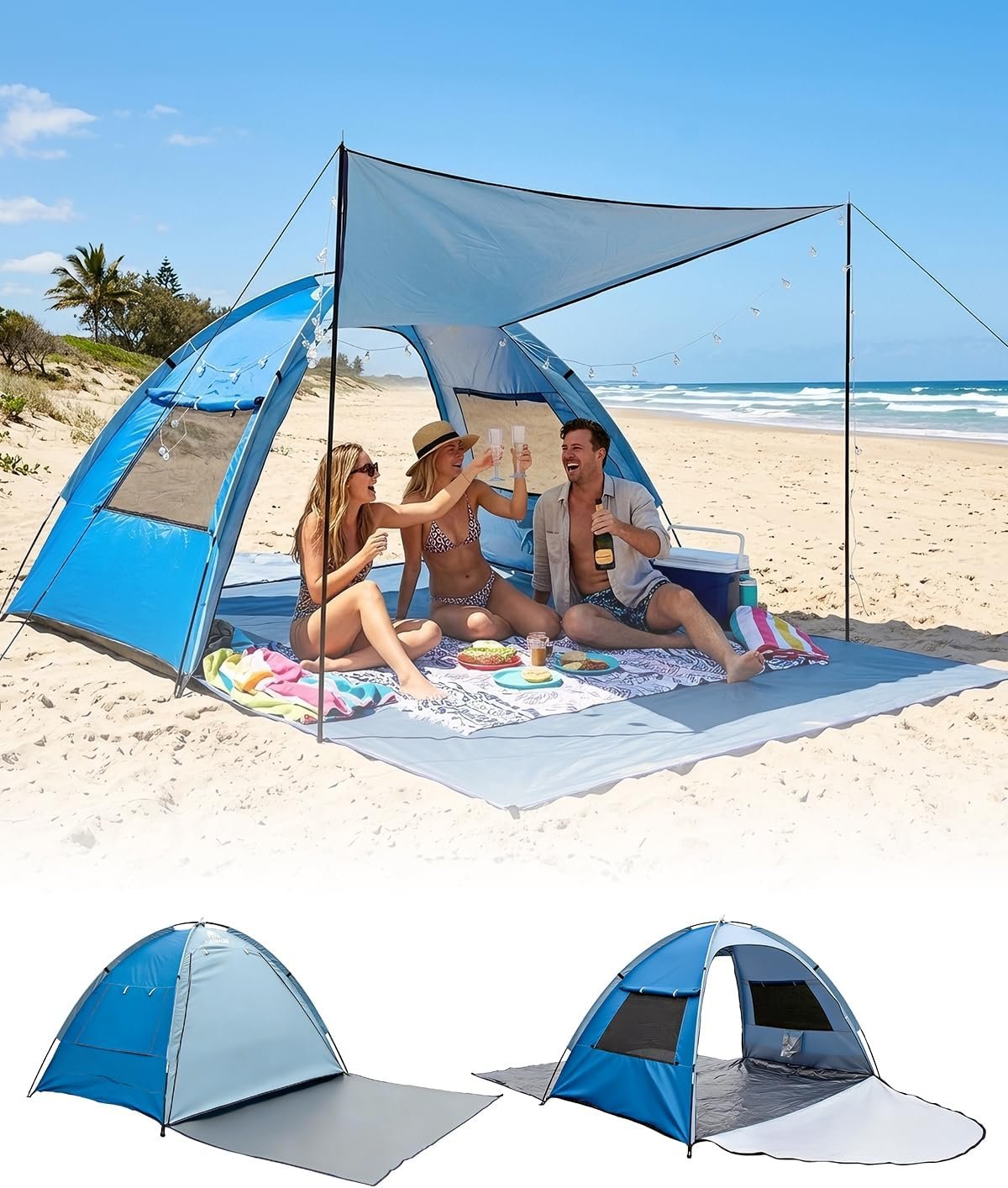 Abahub 3-Person Beach Tent Sun Shelter with UPF 50+ UV Protection, Portable Sun Shade Canopy with Extendable Floor, Lightweight Beach Cabana with 2 Doors for Beach Camping Fishing & Outdoor Activities