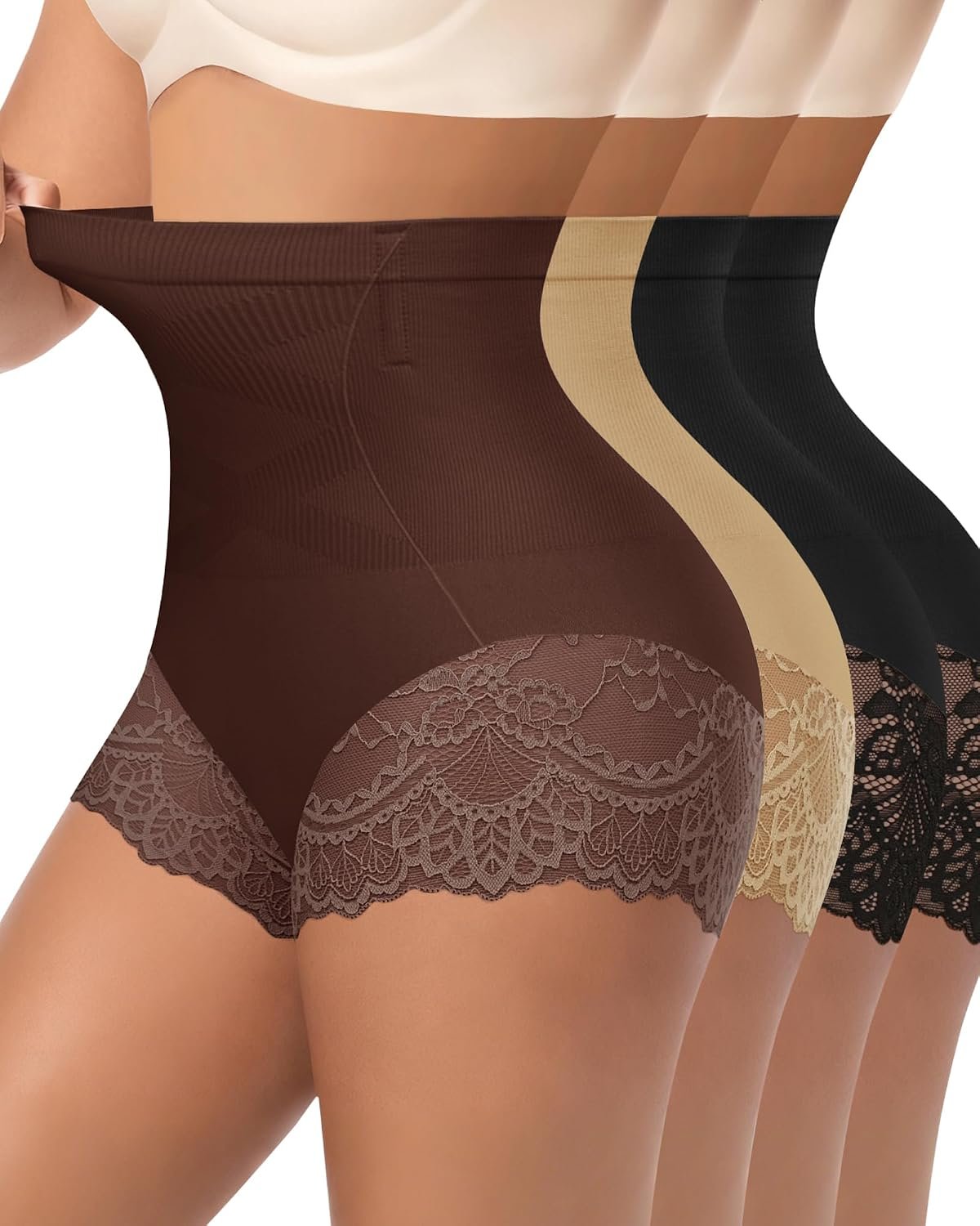Women’s High Waisted Underwear, Ladies Panties with Lace, Comfortable Briefs, 4 Pack