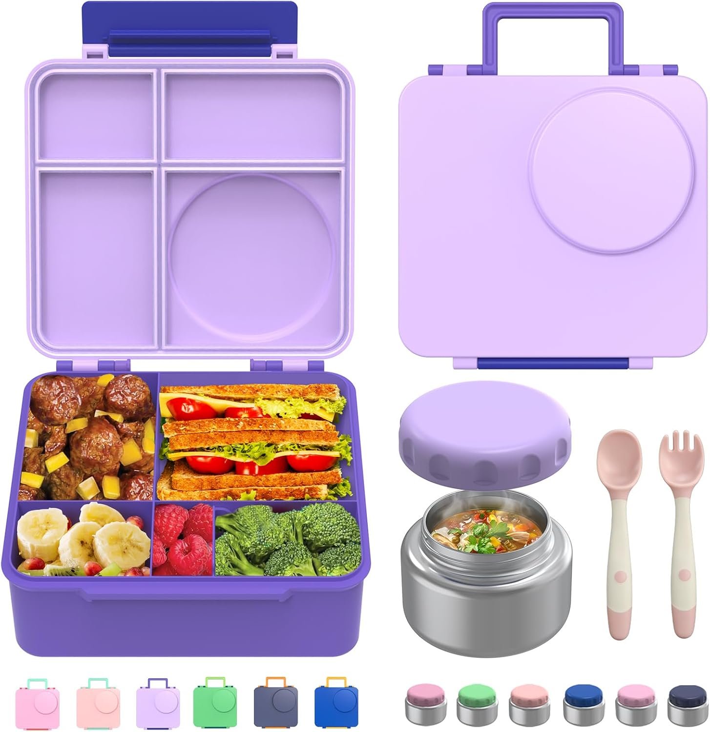 Bento Box for Kids – Leak-Proof Bento Lunch Box with Insulated Thermo Food Jar – 4 Compartments, 1 Removable Divider, 1 Spoon, 1 Fork – Dishwasher Safe, BPA-Free (Light purple)